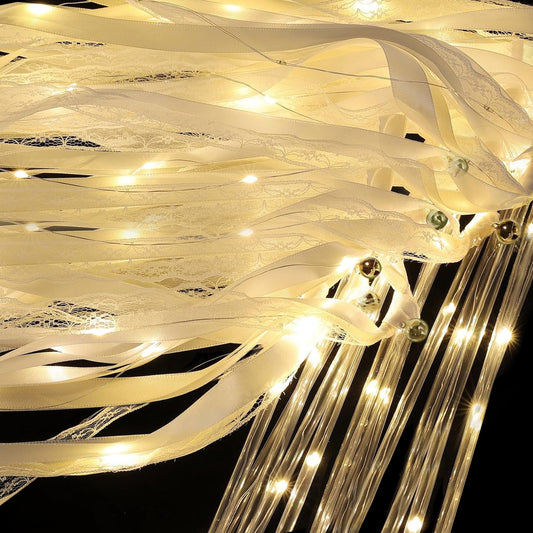 55Pcs Wedding Wands Ribbon Streamers with 3 Colorful Flashing Modes Wedding Streamers Light Up Fairy Ribbon-Wands White Glow Sticks with Bells Lighted Wedding Wands LED Light up Wands for Wedding