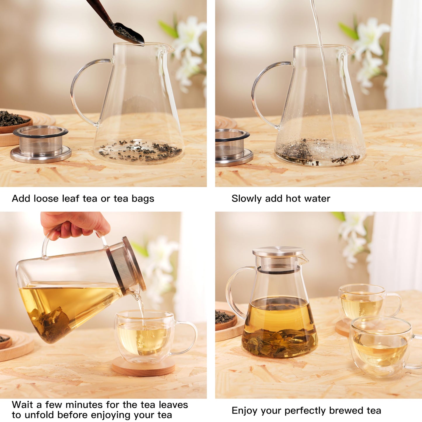 CNGLASS 30.5oz/900ml Glass Teapot Stovetop Safe,One-Touch Clear Tea Kettle,Blooming and Loose Leaf Tea Maker Set