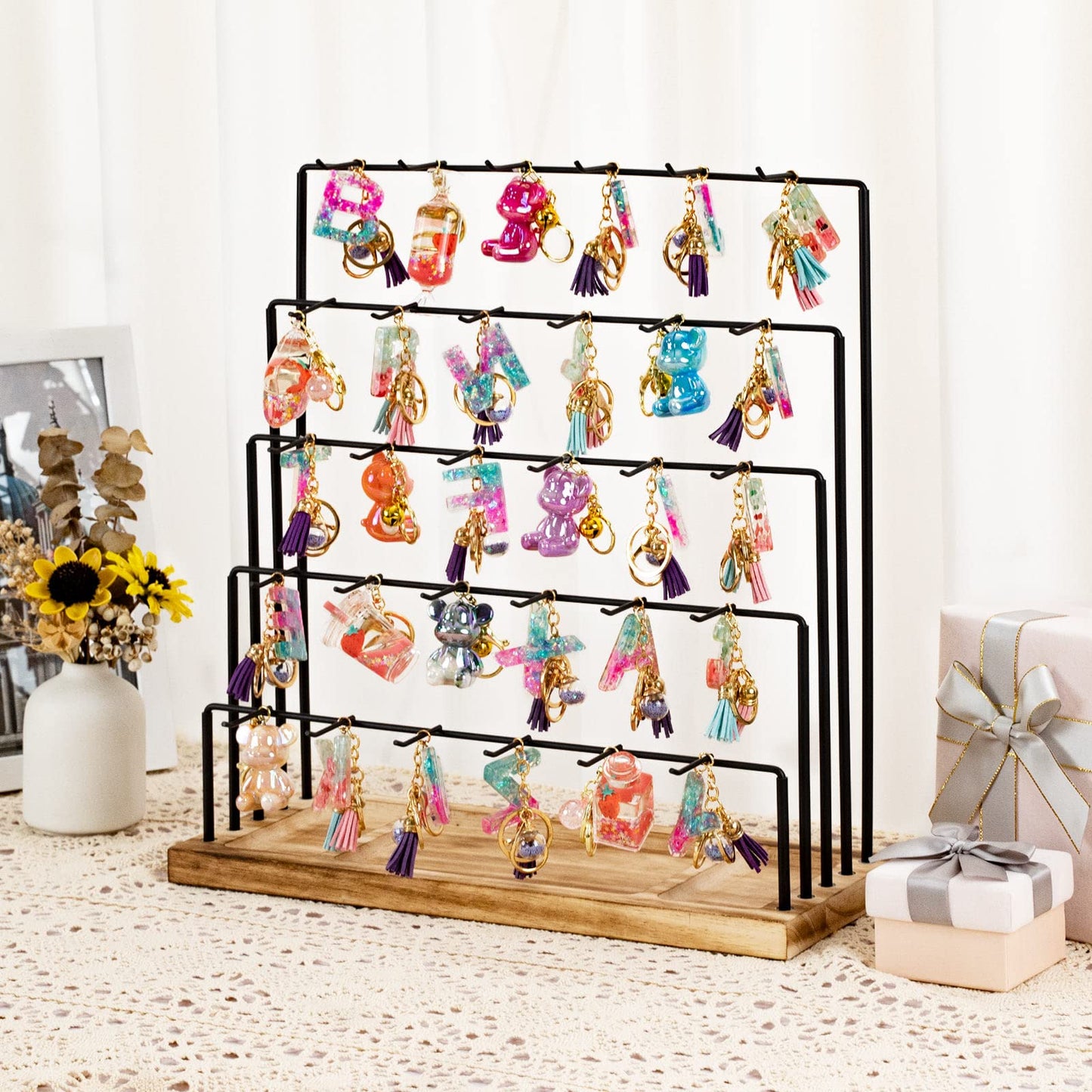 DGWJSU Earring Display Stands for Selling, Earring Rack Display Holder Stand, Jewelry Display for Selling Earring Cards, Bracelets, Hair Accessories, Rings, Necklaces 15"W x 6"D x 15.5"H (30 Hooks)