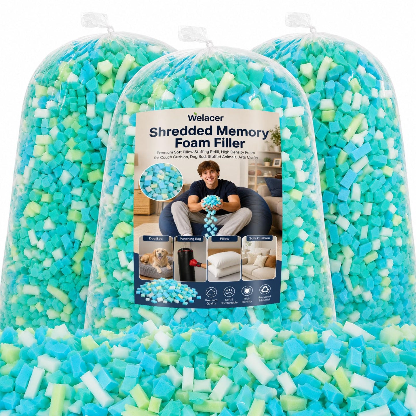 Welacer 15lbs Shredded Memory Foam Filling, Bean Bag Filler Refill, Soft Foam Stuffing for Pillows, Cushions, Stuffed Animals, Arts Crafts & DIY Projects, Multi-Color