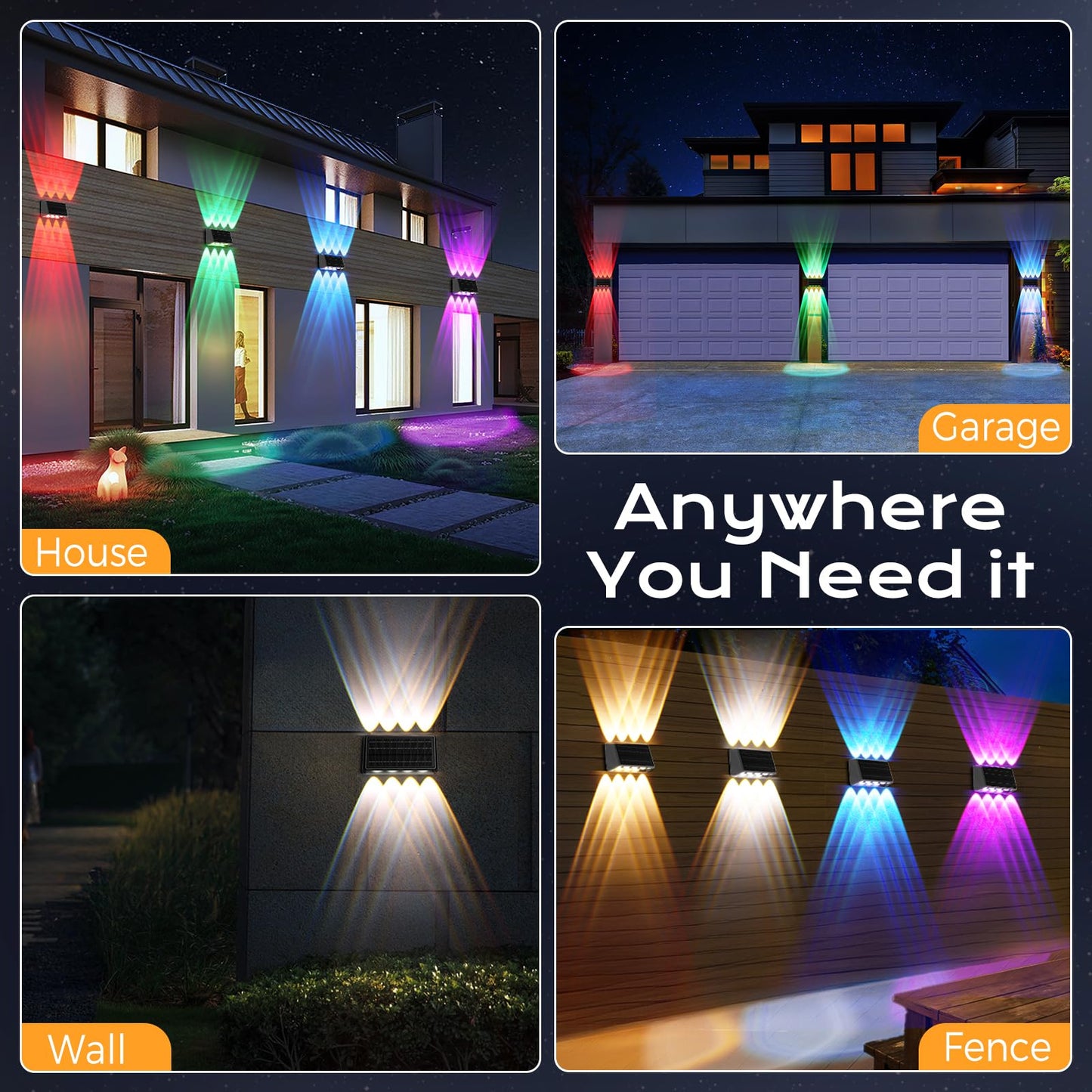 Quntis 4-Pack RGBCW Solar Fence Lights, UP & Down 8-LEDs Brighter Lighting, 13 Color Modes, IP65 Waterproof Solar Deck Lights, Auto On/Off Solar Lights Outdoor for Garden Porch Yard Step Stair Wall