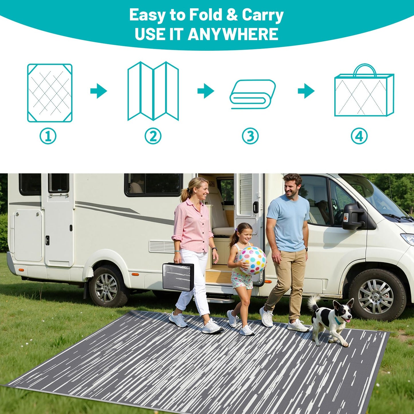 HEBE Outdoor Rug 6x9 ft Reversible Outdoor Area Rug Waterproof Patio Rug Mat Portable RV Camping Rug Modern Abstract Plastic Straw Carpet for Picnic Beach Balcony Pool Deck, Grey