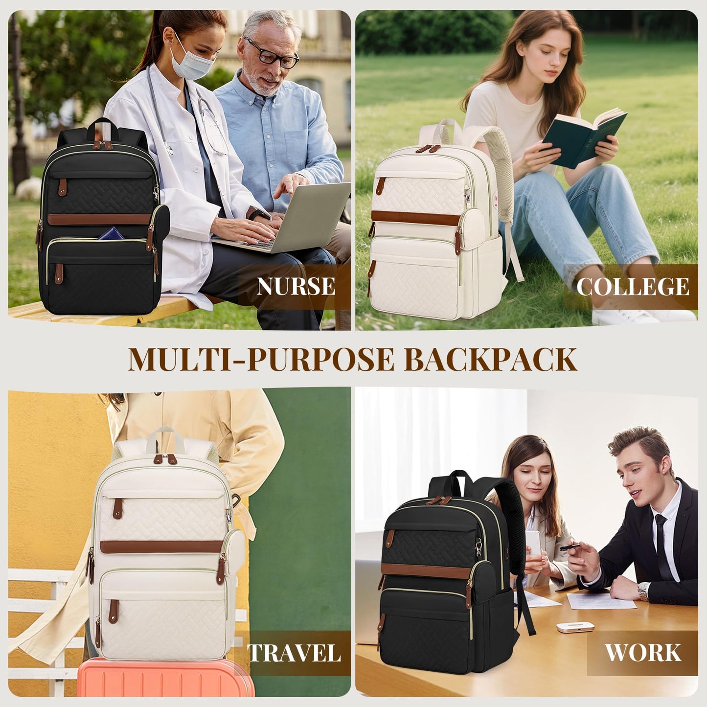 Laptop Backpack for Women 15.6 Inch Travel College Bookbag for Women Large Quilted Business Work Backpack for Women with Detachable Bag Stylish Lightweight Teacher Nurse Computer Bag for Office Casual