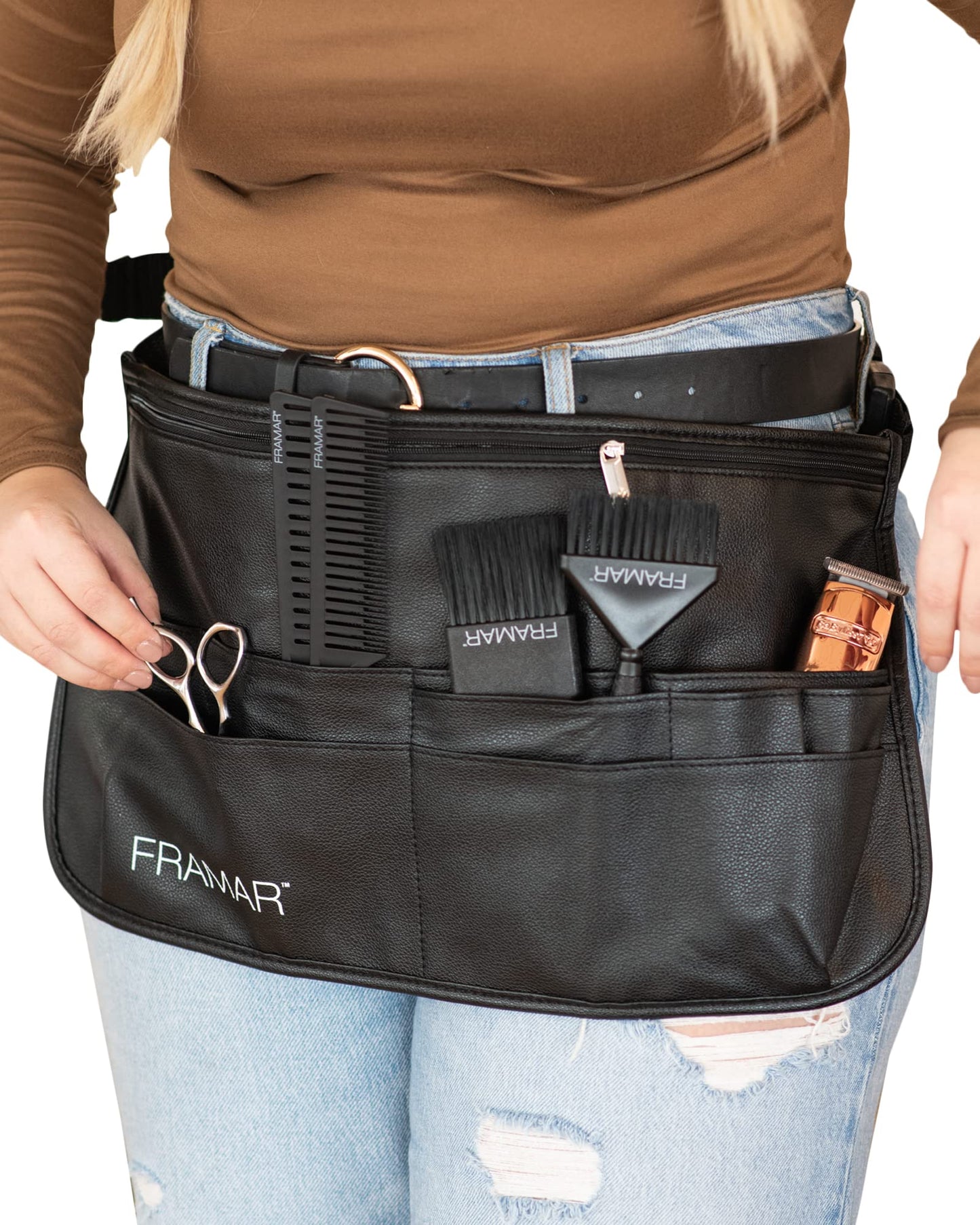 FRAMAR Hipster Salon Belt - Hairstylist Waist Pouch With Shears, Professional Hair Stylist & Makeup Brush Holder