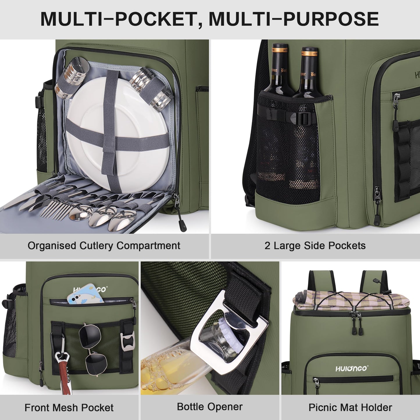 Hulongo Large 52cans Waterproof Insulated Cooler Backpack for Men & Women, Leak Proof Backpack Cooler, Soft, 8Gal (Army Green)