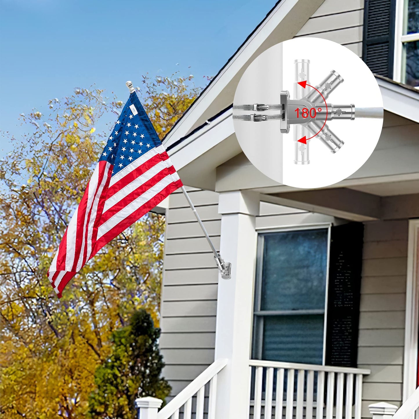 evertoco Flag Mast Holder 2 in 1 Multifunctional Bracket Adjustable 180° Heavy Duty 304 Stainless Steel Flag Holder for Home Wind and Rust Resistant Inner Diameter 2.5cm
