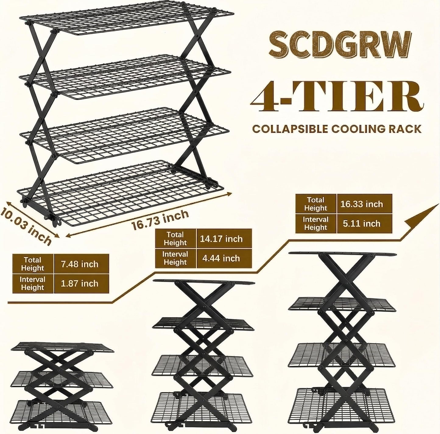 SCDGRW 4-Tier Collapsible Baking Cooling Rack, Small Grid Wire with 3 Adjustable Modes, Non-Stick Heavy Duty Wire Cooling Rack for Roasting, Cooking, Drying