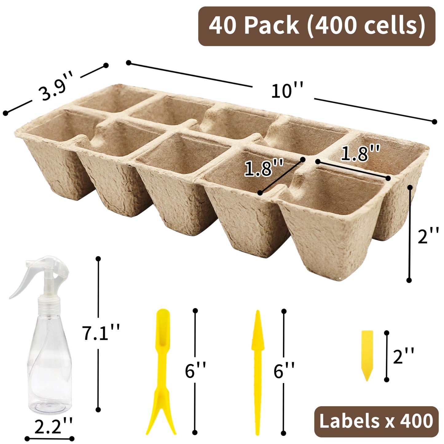 SORANGEUN 400 Cells Seed Starter Tray, 40 Pack Biodegradable Seed Starter Kit, Seedling Peat Pots with 400 Seedling Labels, 2 Seed Planting Tool and 1 Spray Bottle