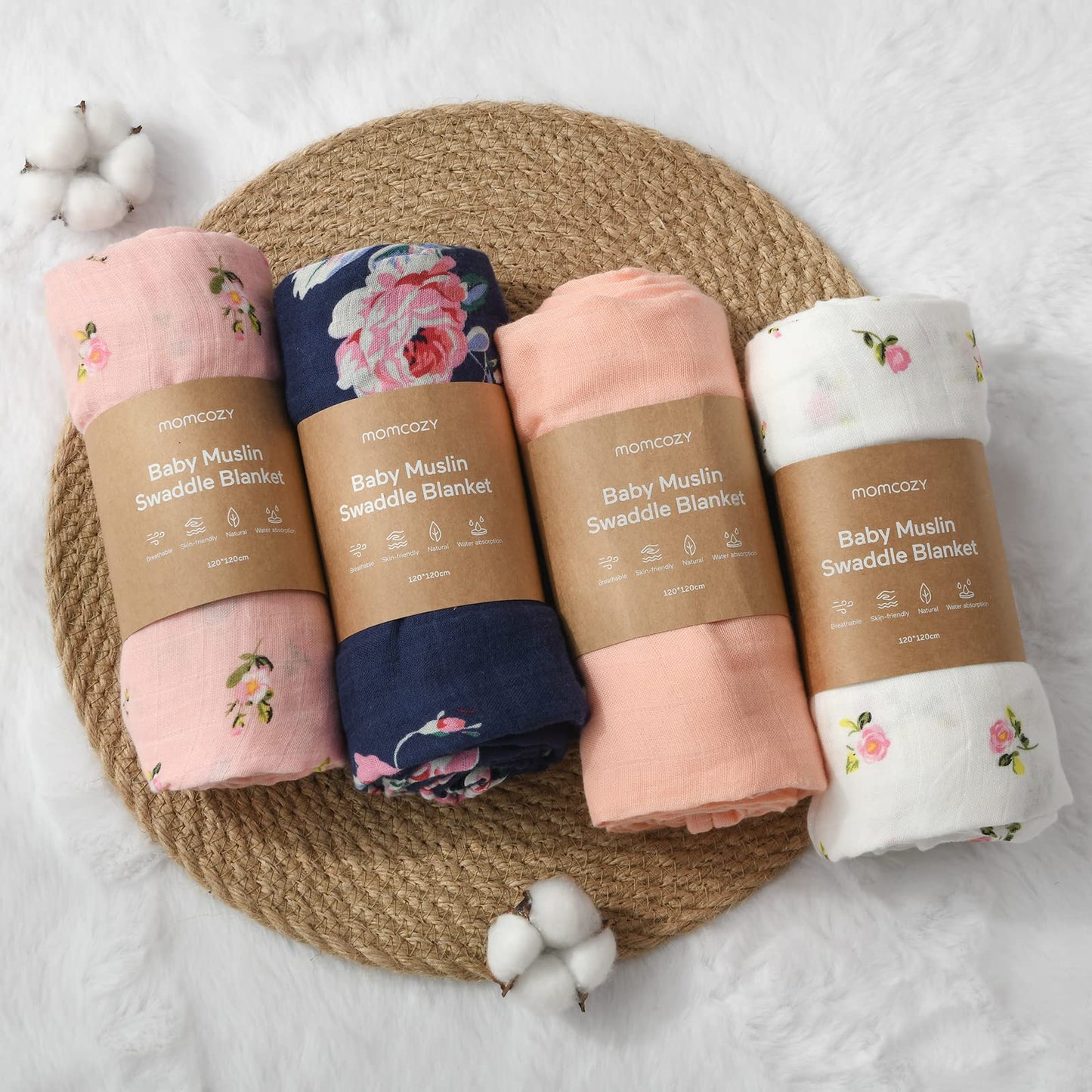 Momcozy Muslin Swaddle Blanket Baby Girl Newborn, 4 Pack Large Wrap Swaddle Blankets Soft Silky Breathable (70% Bamboo + 30% Cotton), Receiving Blanket, Floral Design