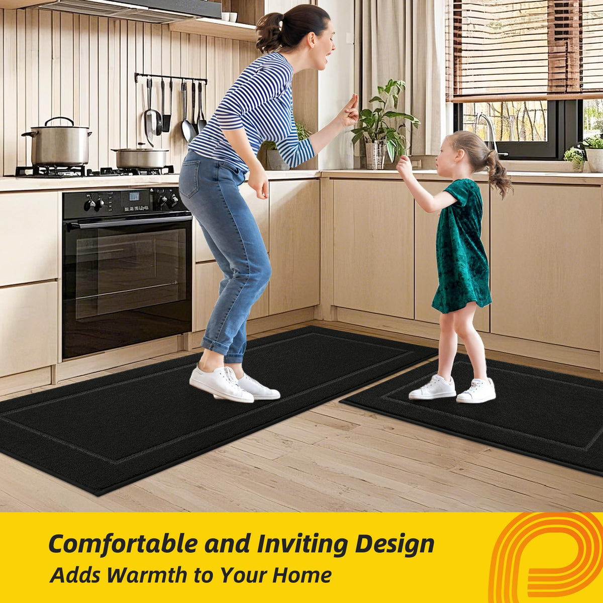JSEI Non-Slip Kitchen Mats, Self Adhesive No Sliding Kitchen Rugs Set of 2, Washable Absorbent Floor Mat for Kitchen, Bathroom, Laundry Room, Bedroom, 24"x36"+24"x60" Black, Rectangular Pattern