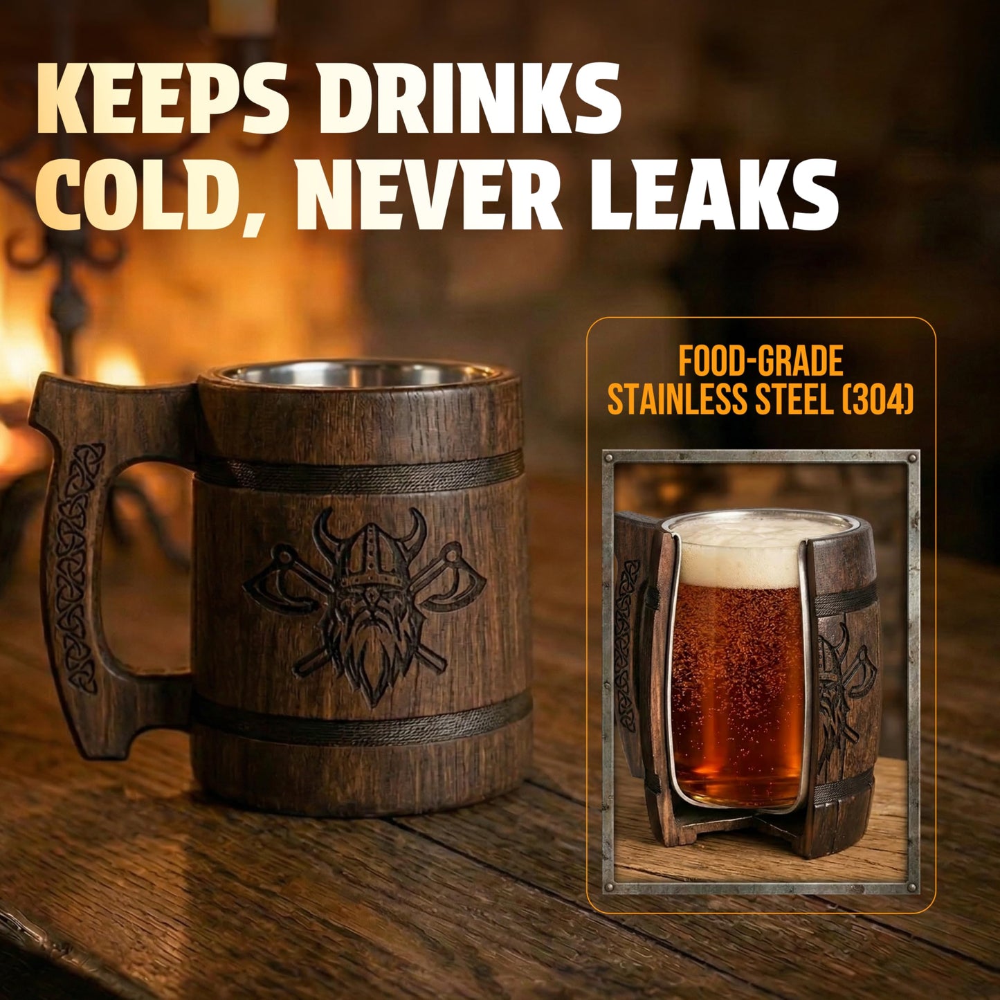 TESLYAR Beer Mug 600 ML - 20 OZ - Viking Mug - Tankard Mug - Beer Stein - Wooden Beer Mug - Handmade Gifts for Men | Fathers Day | Christmas | Birthday Gifts | Celtic Men Mugs - Dark Viking