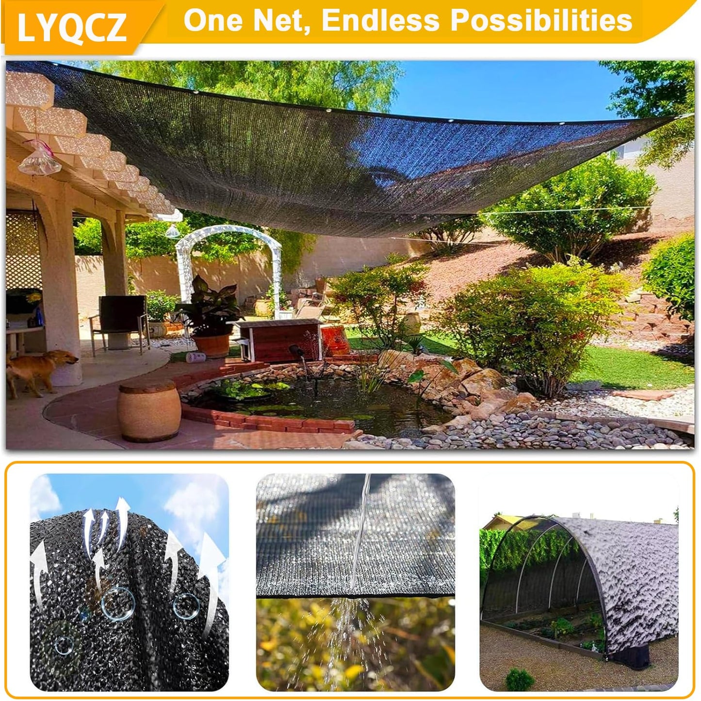 Shade Cloth, 95% Garden Sun Shade Cloth Black Sunblock Shade Net UV Resistant Shade Netting with Grommets for Plant Pergola Porch Privacy Screen Patio Awnings Outdoor Parking Yard