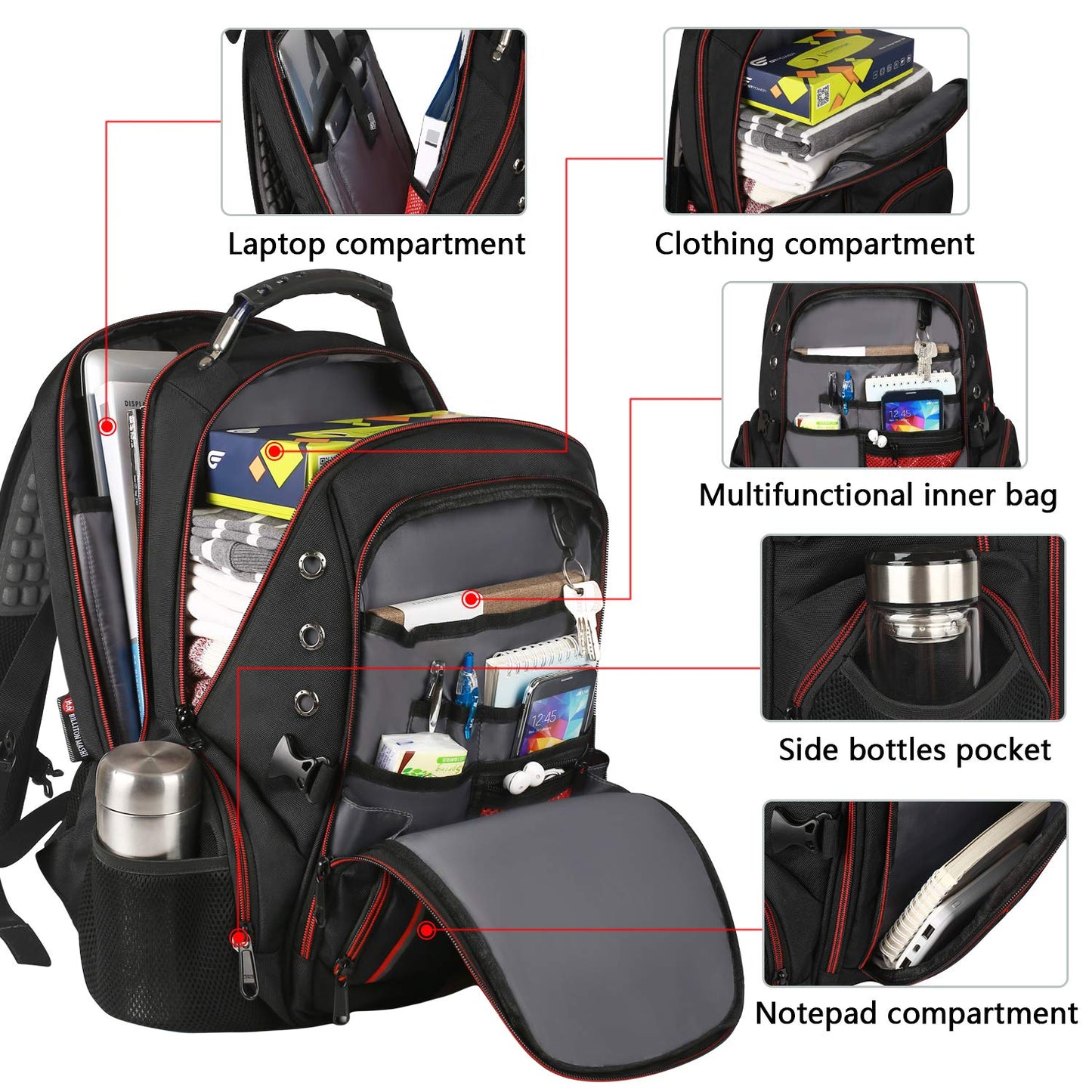 Laptop Backpack for Men, Large Travel Computer Backpack with USB Charging Port for Work Business Fits 17 Inch Notebook, Big College School Bookbag, 40L, Anti Theft, Water Resistant, Red