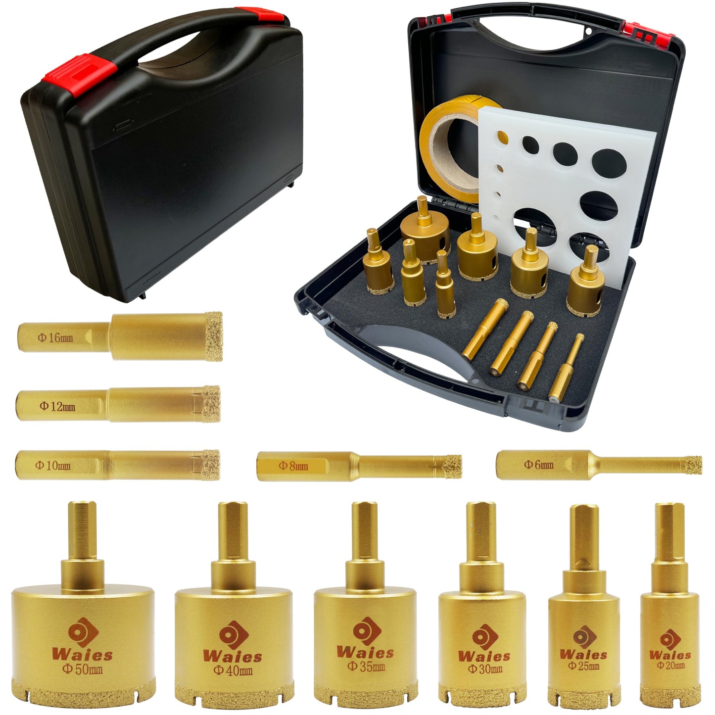 Waies 13 Packs Diamond Hole Saw Drill Bit Kit Wet/Dry - Serrated Brazed Core Set with Guide Jig for Ceramic, Glass, Tile, Marble, Granite, Gypsum (6mm-50mm)