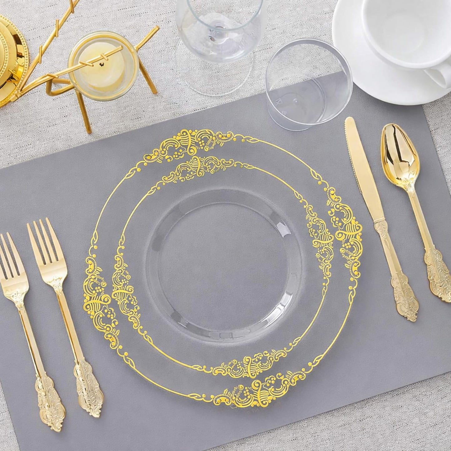 51 Set Clear Plastic Plates with Gold Rim, 10 Inch Dinner Plates and 7.5 Inch Dessert Plates for Wedding, Christmas, Shower, Gathering