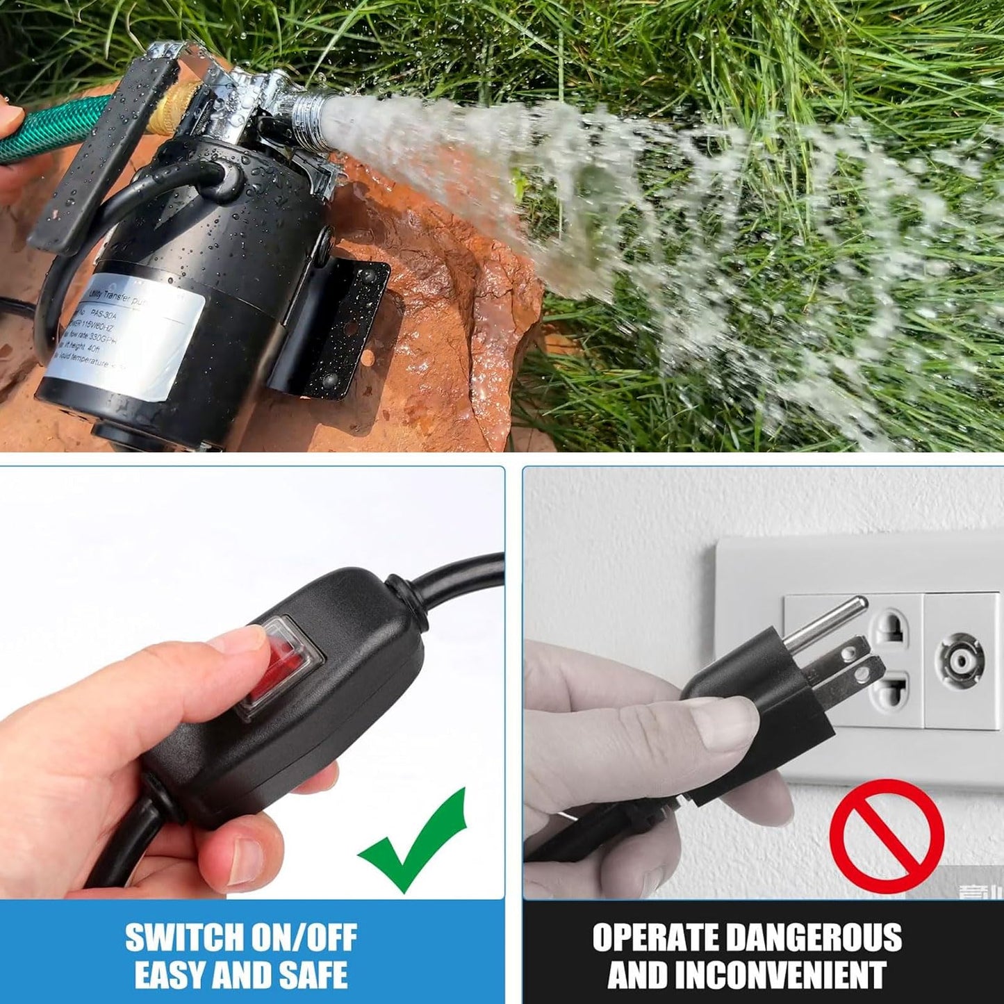 Water Transfer Pump, 115V 1/10HP Electric Utility Pump with On/Off Switch 2 * 6ft Water Hoses Kit for Removing Water from Garden Pools Aquariums Hot Tub Draining 1/8’’ Low Suction