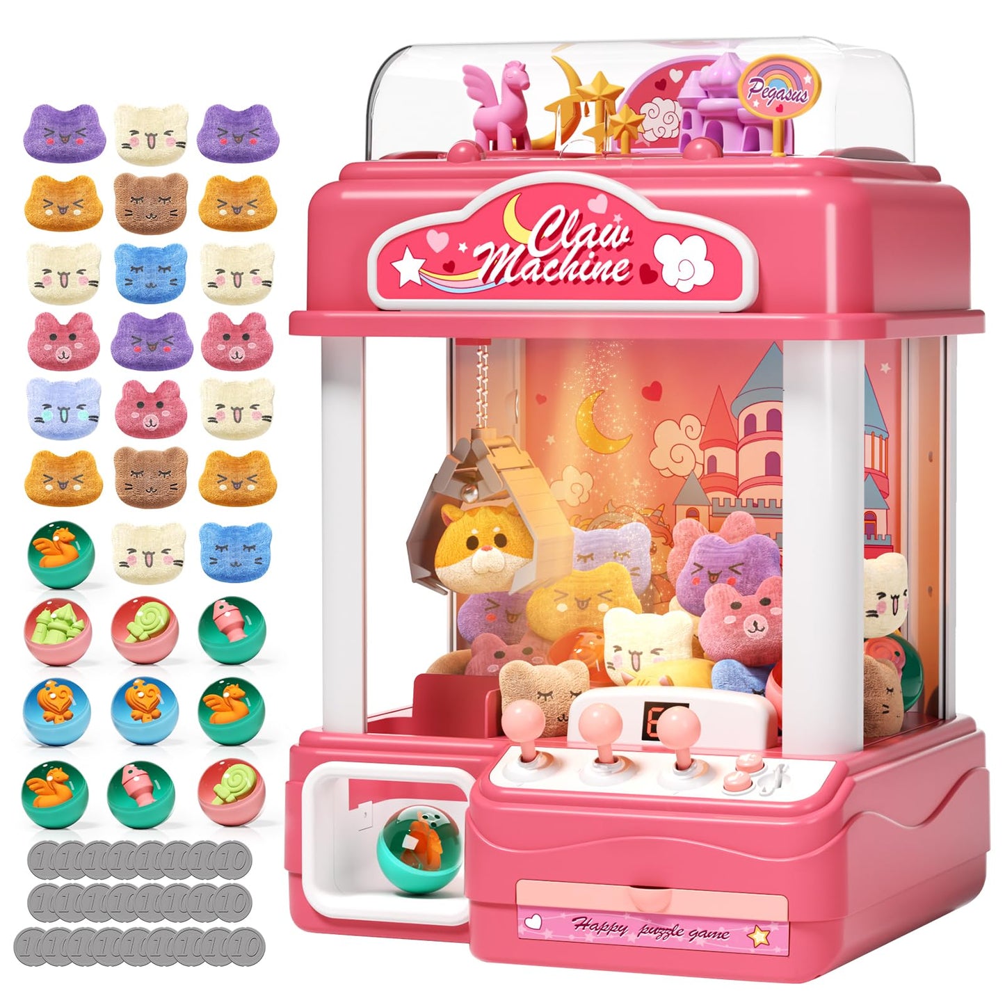 AIQI Kids Claw Machine, Large Candy Vending Grabber, Prize Dispenser Toys for Girls and Boys, Electronic Claw Game Machine for Party Birthdays with Lights Sound, Includes 30 Toys and 25 Game Coins