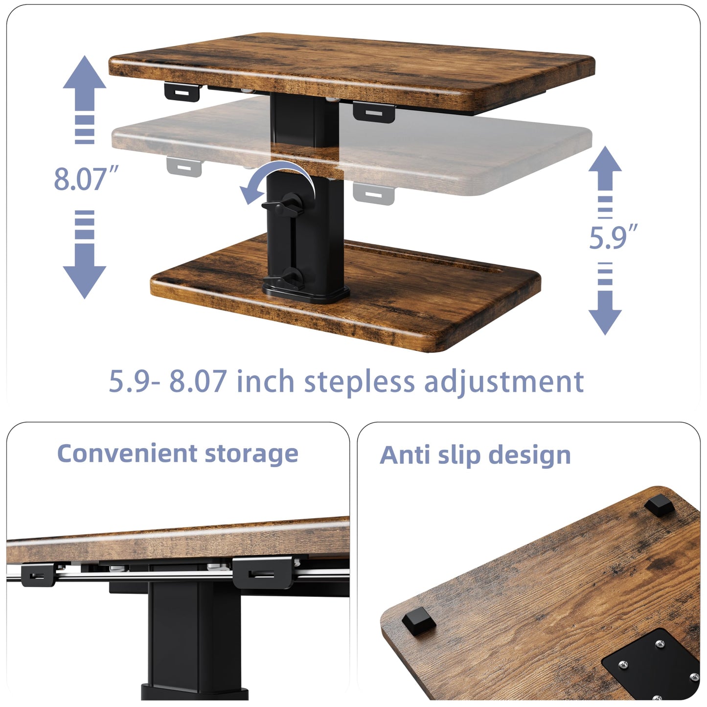 Fydeamer Adjustable Monitor Stand with Storage Drawer - Wooden Monitor Riser for Desk, Ergonomic Computer Stand for Laptop PC, Height Adjustable from 5.9 to 8.07 Inches, Walnut