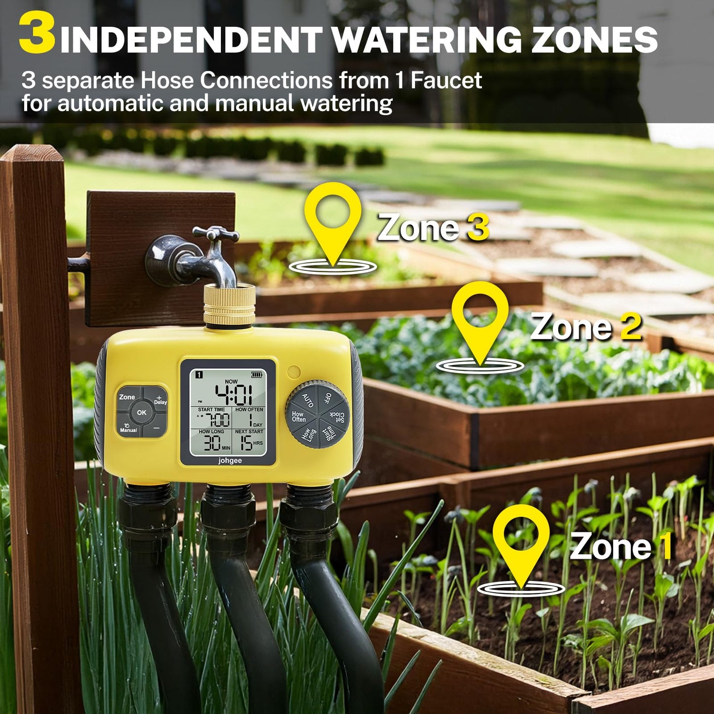 Johgee 3 Zones Water Timer Brass Inlet, Sprinkler Timer Programmable Garden Hose Timer with Rain Delay/Manual/Automatic Watering System,Waterproof Digital Irrigation Timer System for Lawns Pool