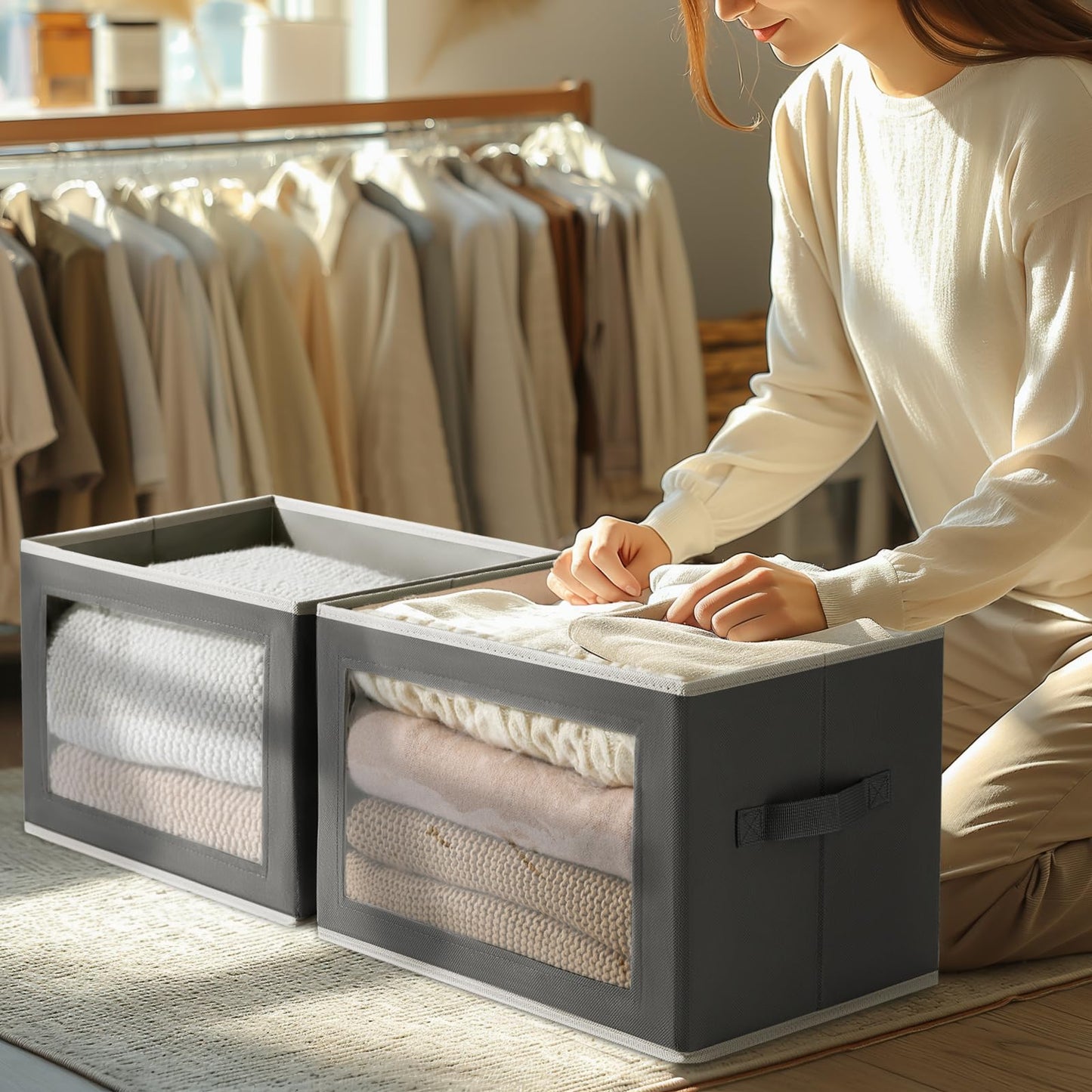 DIMJ Fabric Storage Box with Lid - 4 Pack Stackable Large Closet Storage Bins with Lid & Clear Window for Clothes, Foldable Decorative Basket Organizer Living Room,Bedroom,Office, Dark Grey