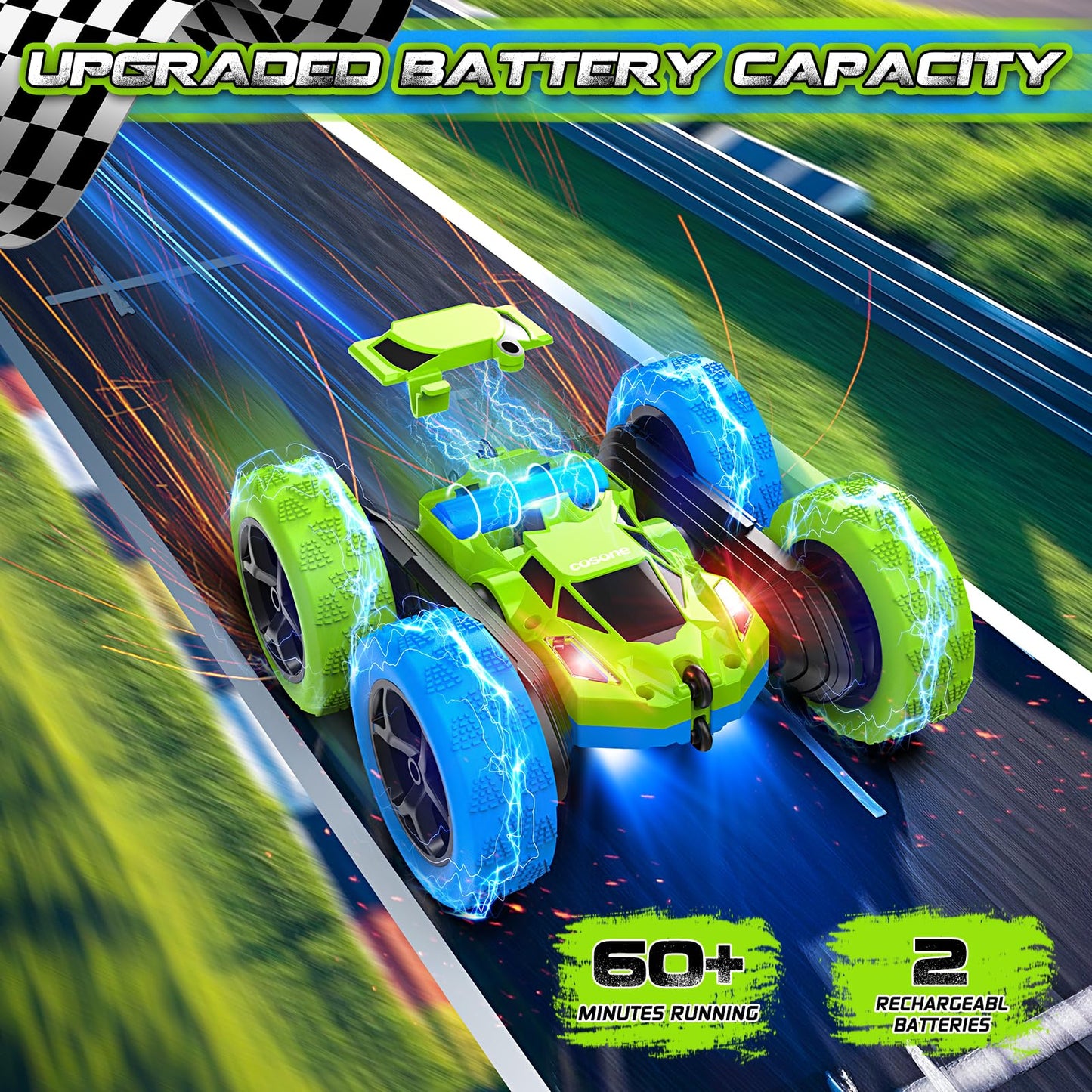 Remote Control Cars for Kids, Stunt RC Cars with 4WD Double-Sided Driving 360° Flips Rotating, Remote Car Toys for Boys Valentines Day Gifts Birthday Gifts - Blue&Green