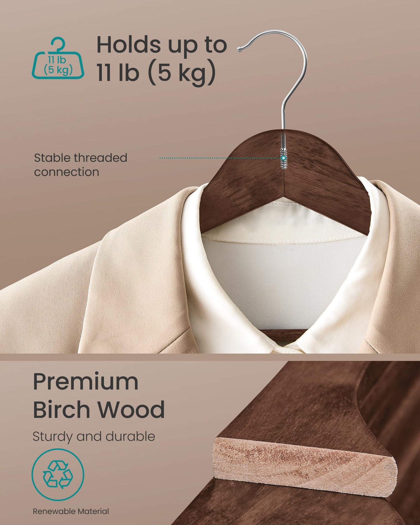 SONGMICS Wooden Hangers, Coat Hangers, Pants Bar, 360° Swivel Hooks, Solid Birch Wood, Space-Saving, for Jackets, Shirts, Coats, Pack of 30, Walnut Brown UCRW030K02