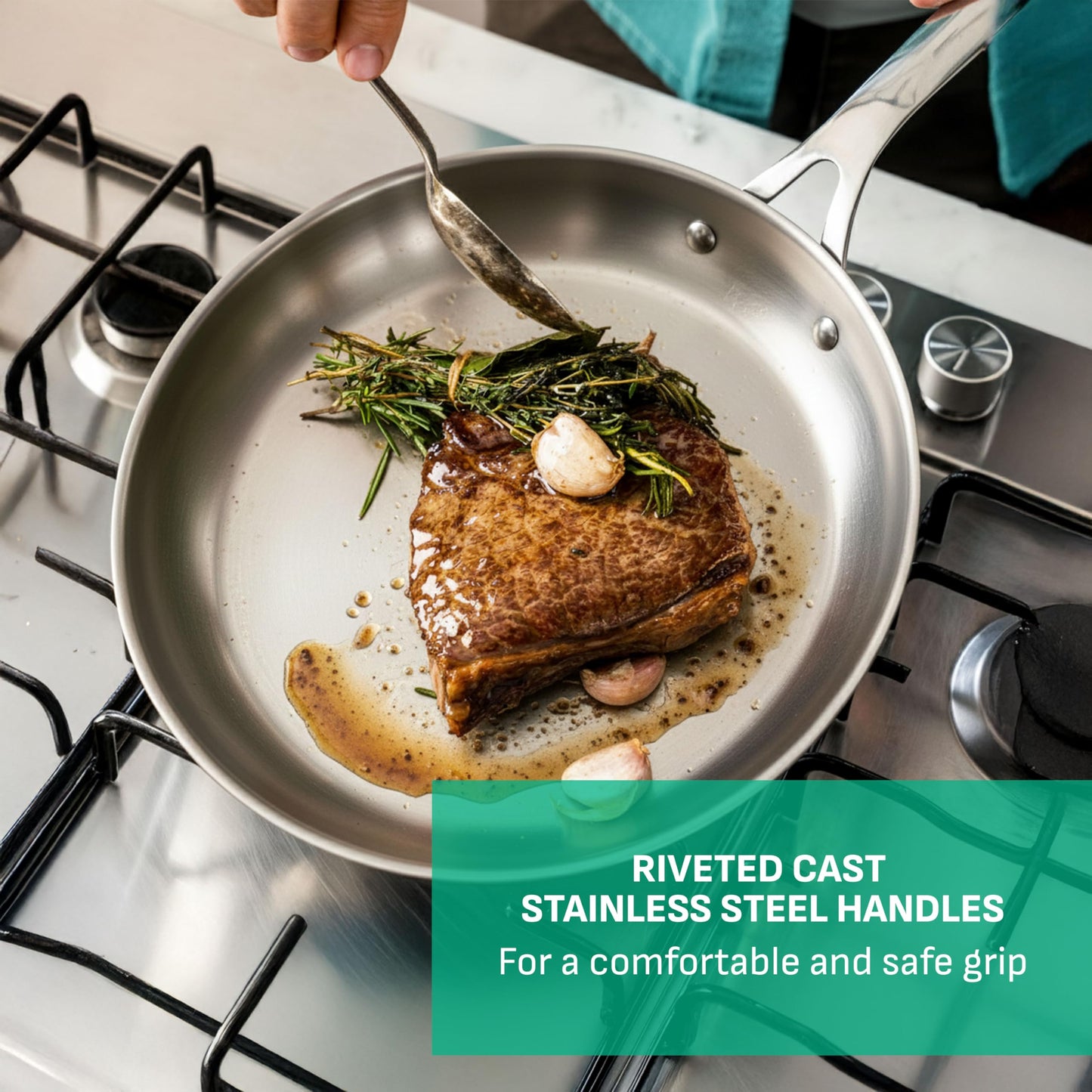 Jamie Oliver by T-fal Cook Smart Frying Pan 9.4 in / 24 cm, Uncoated Stainless Steel, Robust, Fast Heating, Even Cooking, Riveted Handle, Induction Safe, Oven and Dishwasher Safe