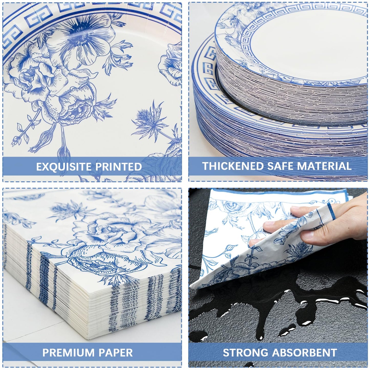 180PCS Blue White Floral Party Supplies Serve 60, Blue Flower Paper Plates and Napkins Kit for Bridal Baby Shower Wedding Tea Party Decorations, Includes Dinner Plates, Dessert Plates, Napkins