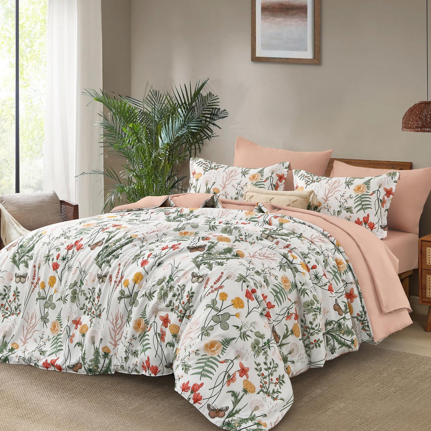 Yiran 7 Piece Floral Comforter Set King Size, White Green Summer Comforter Bedding Set, Botanical Bed in a Bag with Flowers Pattern, Soft Microfiber Complete Bedding Set with Sheets for All Season