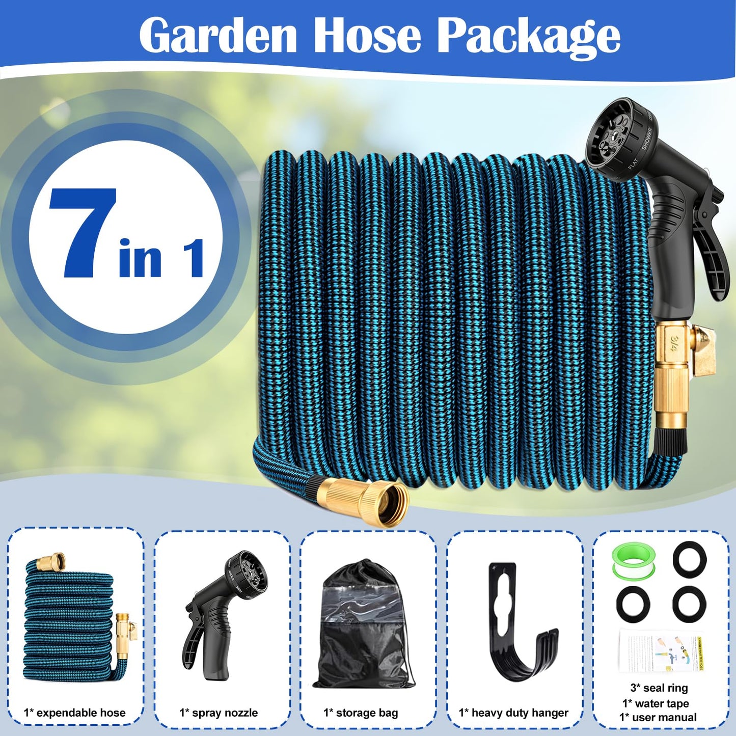 Expandable Garden Hose 100ft Water Hose with 10 Function Nozzle Flexible Expending Hose Kink Free,3-Layers Latex and 3/4 Solid Solid Fittings Retractable Collapsible Gardening Hose Pipe with Hook Blue