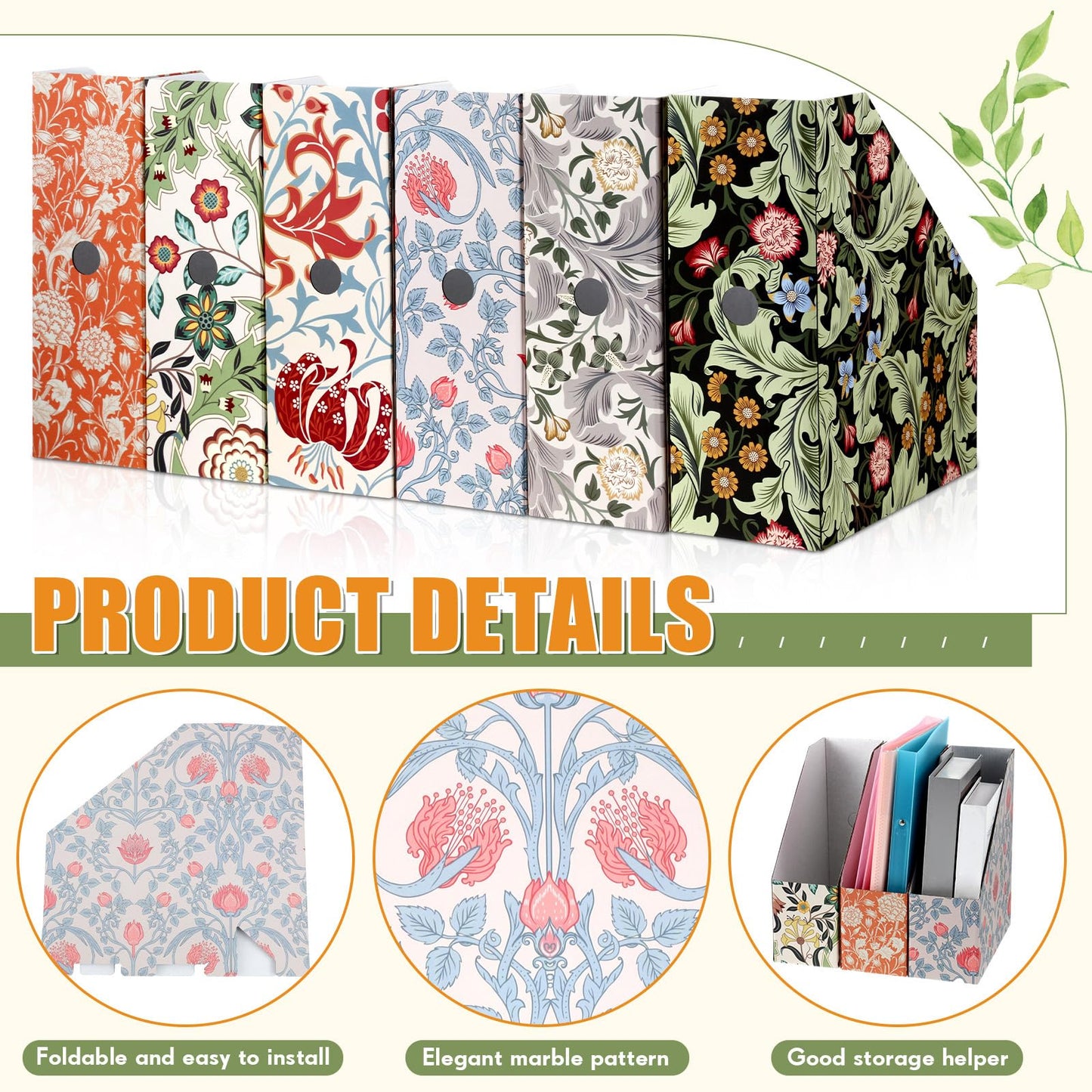 PerKoop 12 Pcs Decorative Magazine File Holders Floral Foldable File Folders Magazine Storage Boxes Rack Desk Organizer Documents with Printable Labels for School Office Home (Floral)