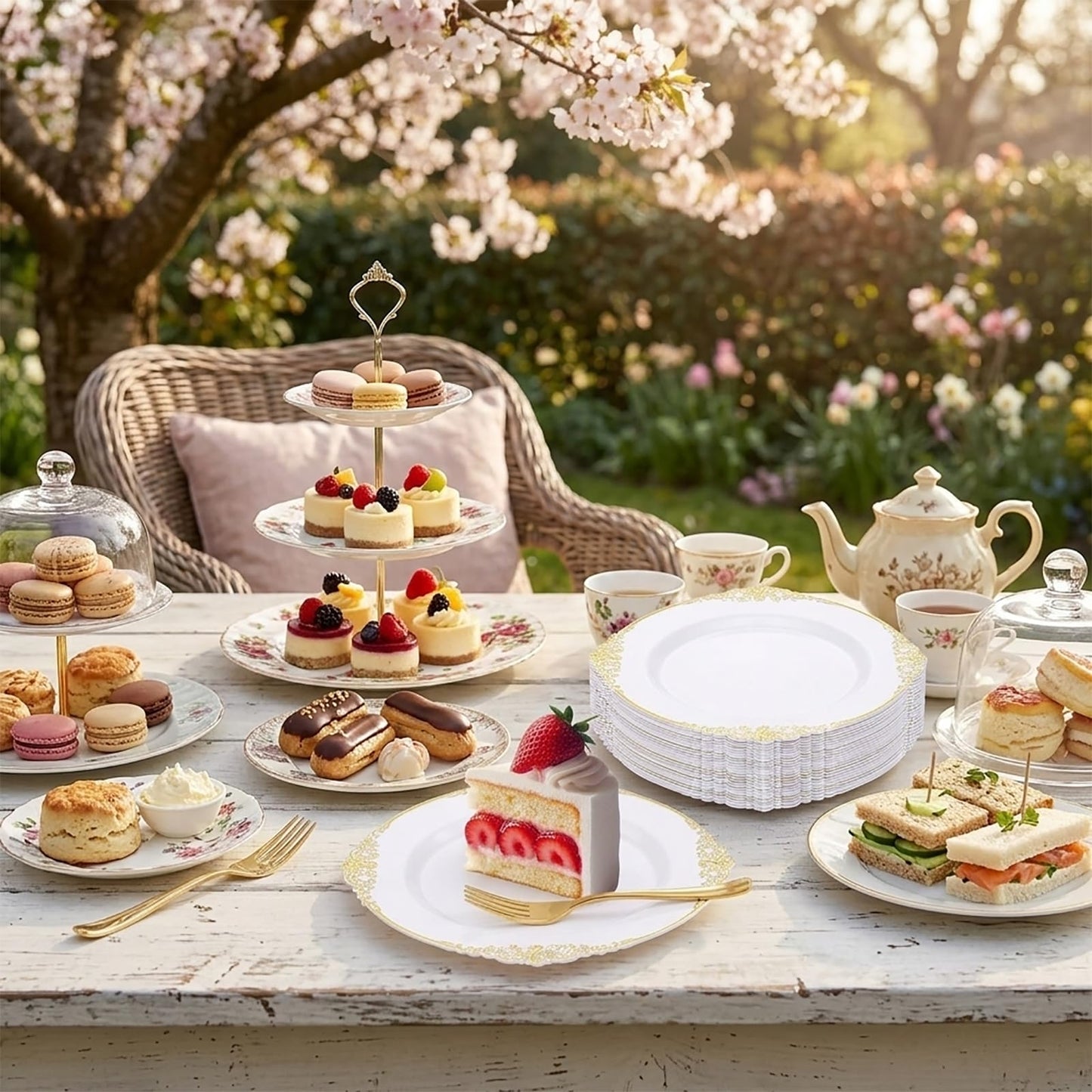 100 Pcs White Plastic Plates with Gold Rims, 7.5" Round Plastic Dessert Plates, Elegant Salad Plates for Cakes, Appetizers, Desserts, Snacks, Fruits, Gathering Supplies