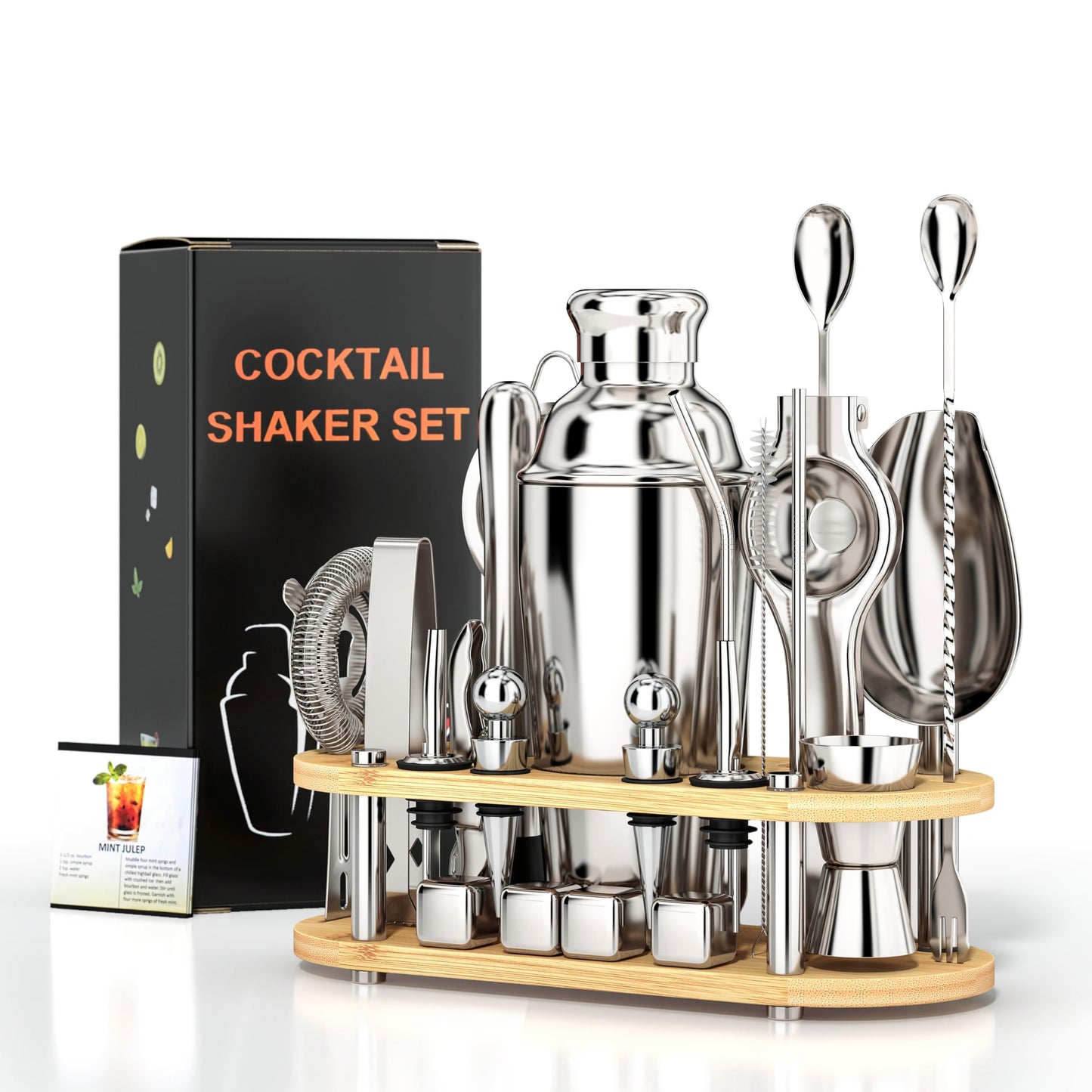 25-Piece Bartender Kit | Stainless Steel Cocktail Shaker Set with Bamboo Stand, 700ml Double-Layer Cocktail Shaker with Full Bar Tools & Recipes, Bar Tool Set for Drink Mixing, Home, Party, Gift Idea