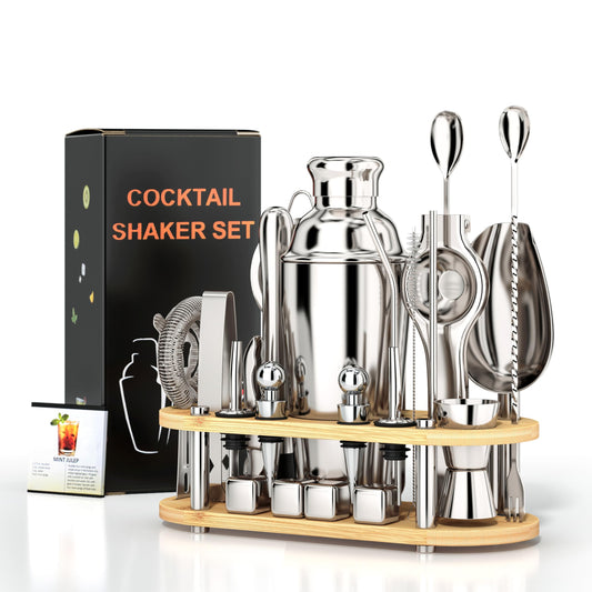 25-Piece Bartender Kit | Stainless Steel Cocktail Shaker Set with Bamboo Stand, 700ml Double-Layer Cocktail Shaker with Full Bar Tools & Recipes, Bar Tool Set for Drink Mixing, Home, Party, Gift Idea