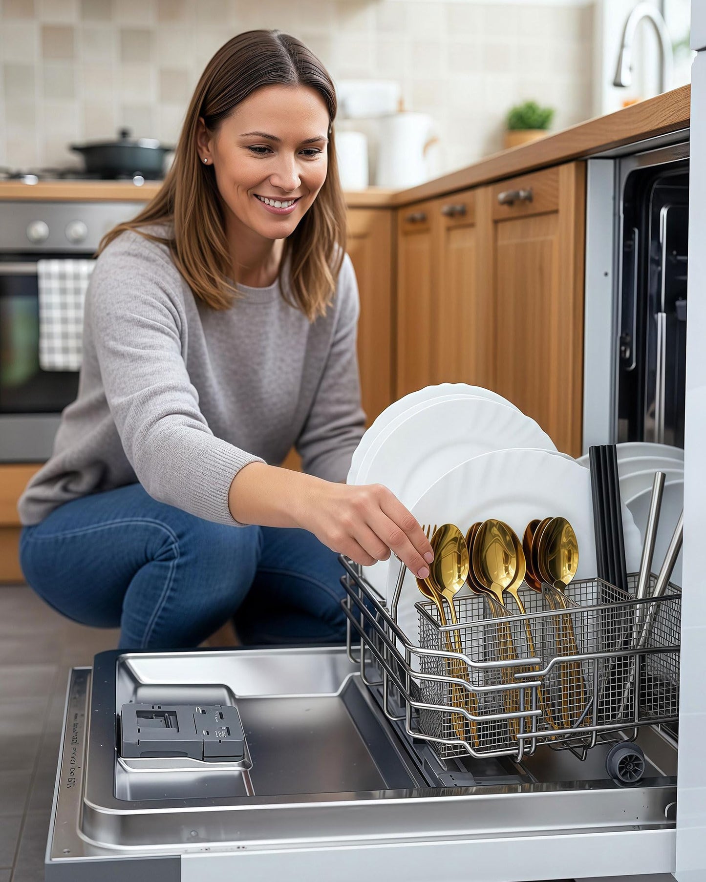 Viscogrip Universal Dishwasher Silverware Basket, 304 Stainless Steel 4-Compartment Dishwasher Utensil Basket, Spoons, Forks, Chopsticks, Straws Cleaning (Silver)