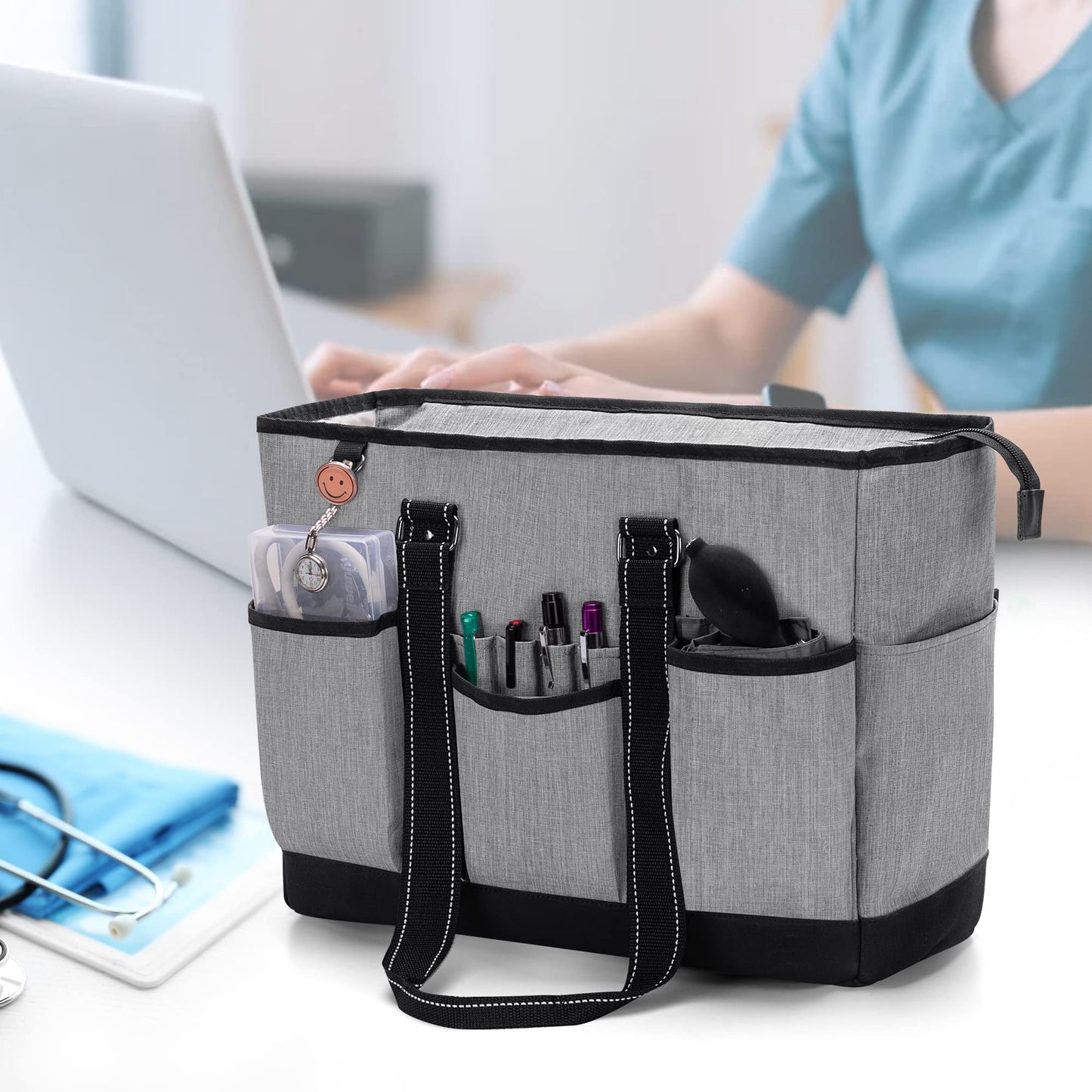 Damero Nurse Tote Bag with Padded Laptop Sleeve, Medical Nurse Utility Bag with Multiple Pockets for School, Work, Home Health Care, Gray