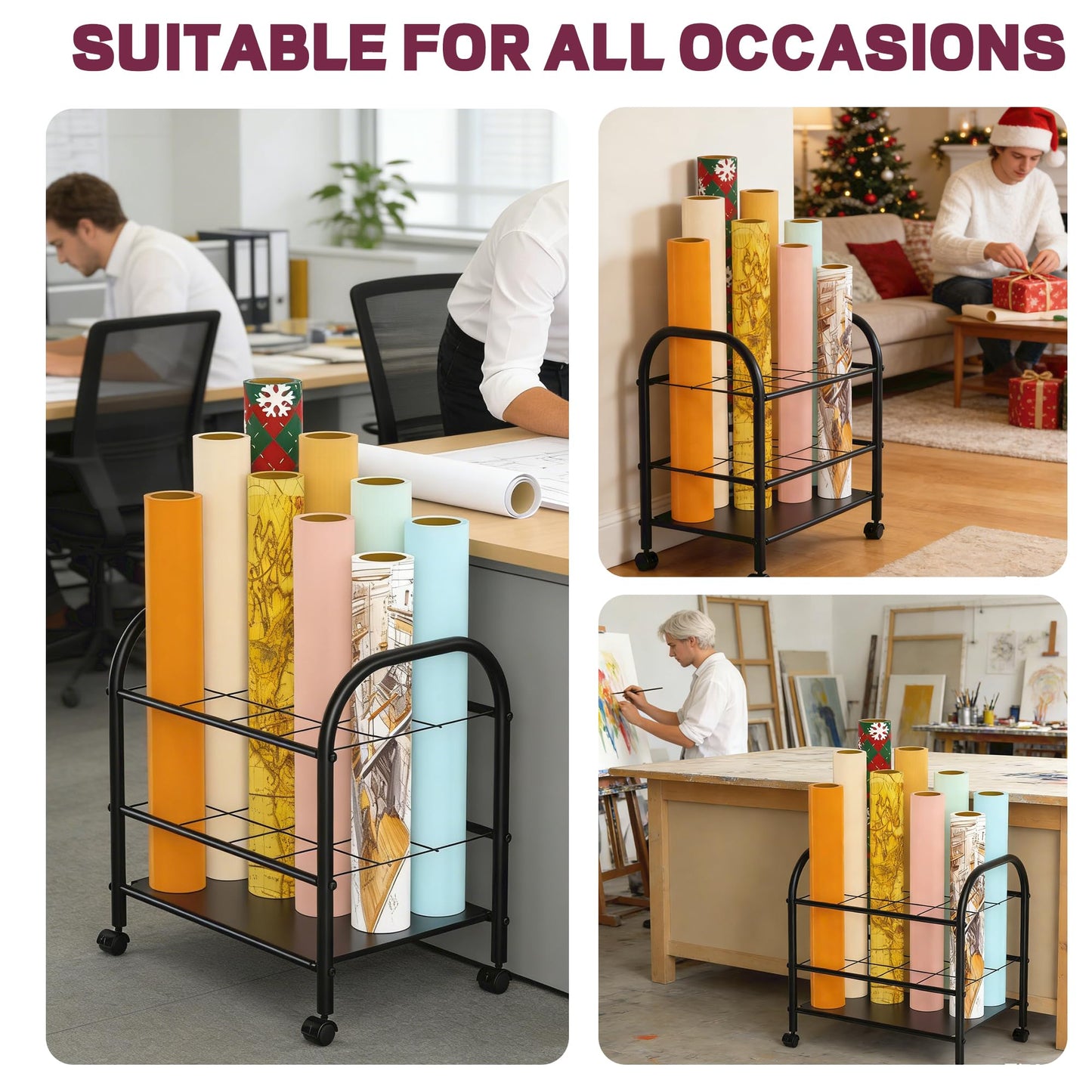 Yutrchey Blueprint Storage Rack with Wheels – 12-Slot Metal Roll File Holder with Silent Casters & Brakes for Blueprints, Wrapping Paper, Posters, Maps – Mobile File Cart for Office & Home (Black)
