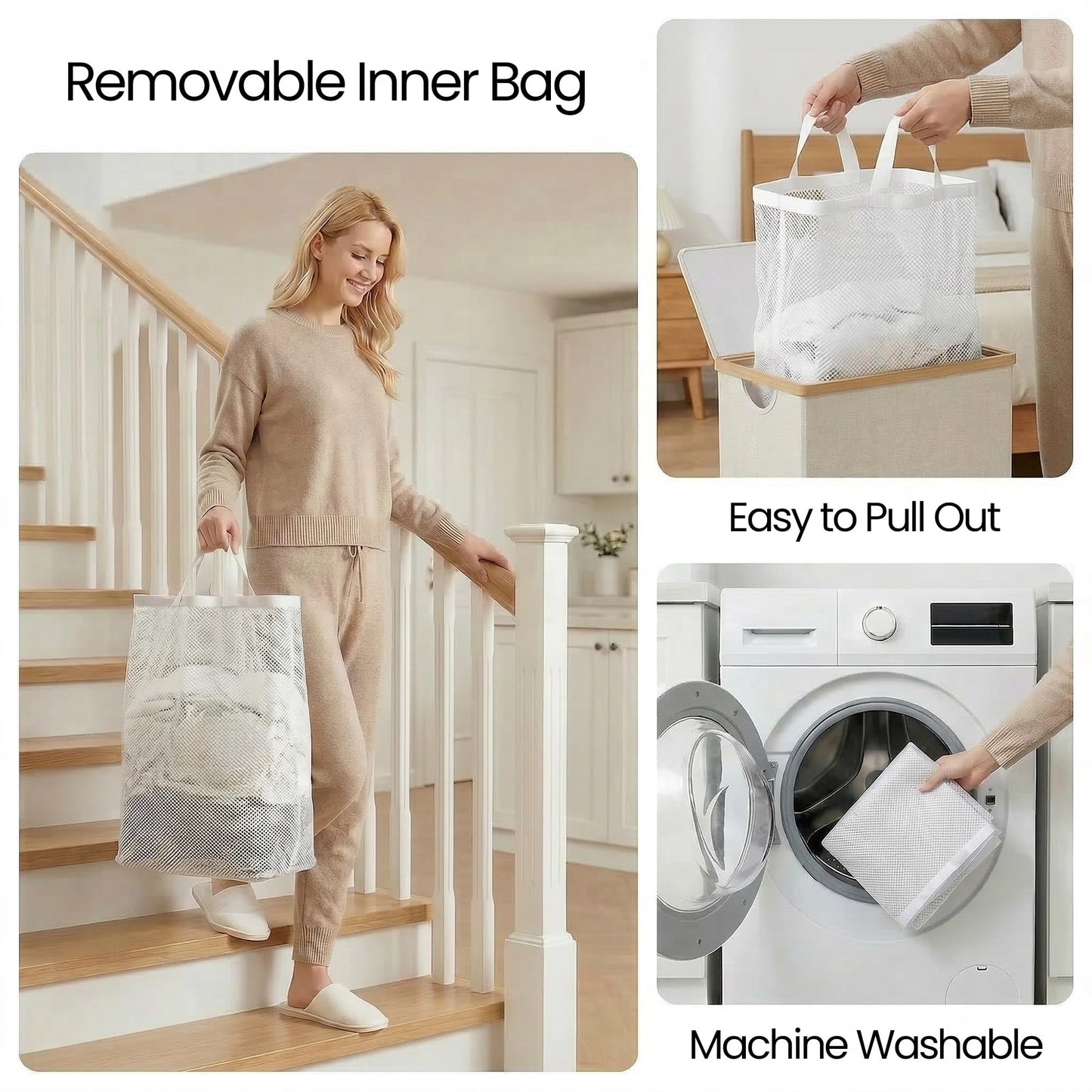 efluky Slim Laundry Basket with Lid, Narrow Laundry Hamper with Removable Bag, Skinny Dirty Clothes Basket with Bamboo Handles for Bathroom, Bedroom & Laundry Room, 65L Beige