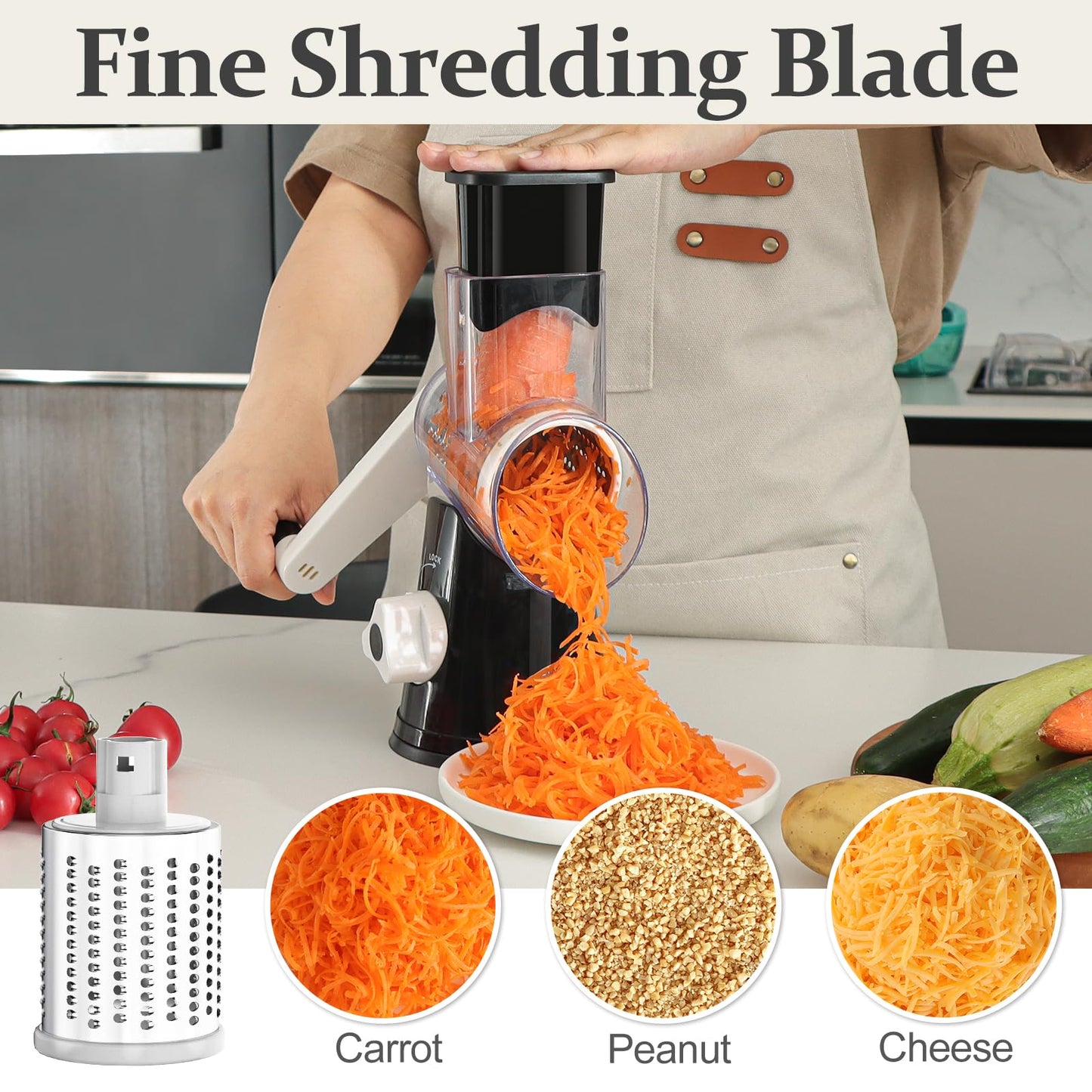 Cambom Rotary Cheese Grater Hand Crank Cheese Shredder for Fresh Cheese, Vegetable, Nuts,Non-Slip Suction Base, Five Blades, Black