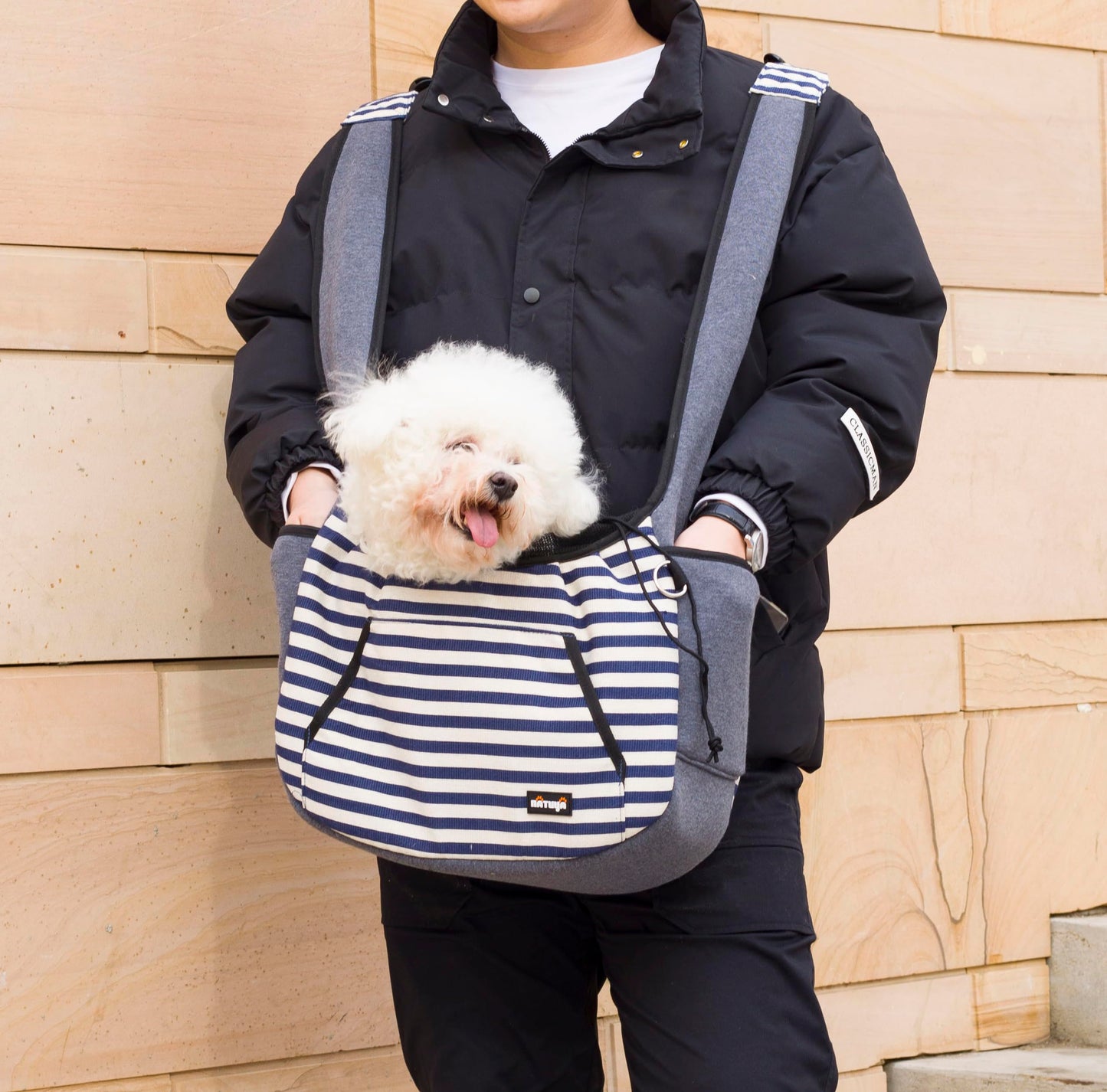 Dog and Cat Sling Carrier - Adjustable Pet Front Travel Bag With Bottom Pad for Small Pets 5-15 Lb - Blue Strip