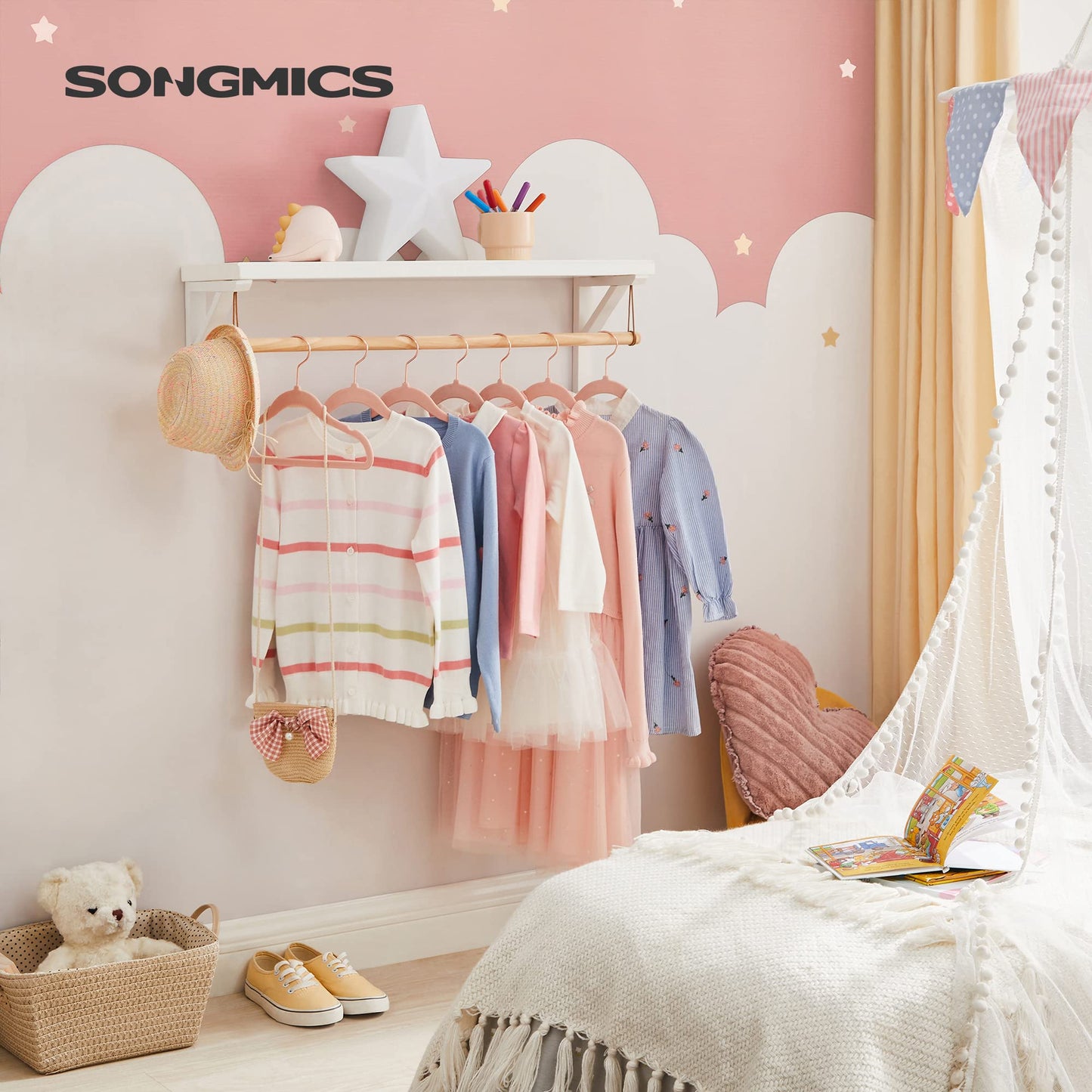 SONGMICS Baby Kids Hangers 50 Pack for Closet, 11.8 x 8.1 Inches, Rose Gold 360° Swivel Hooks, Space-Saving Clothes Velvet Hangers for Nursery, Non-Slip, Jelly Pink UCRF027P01