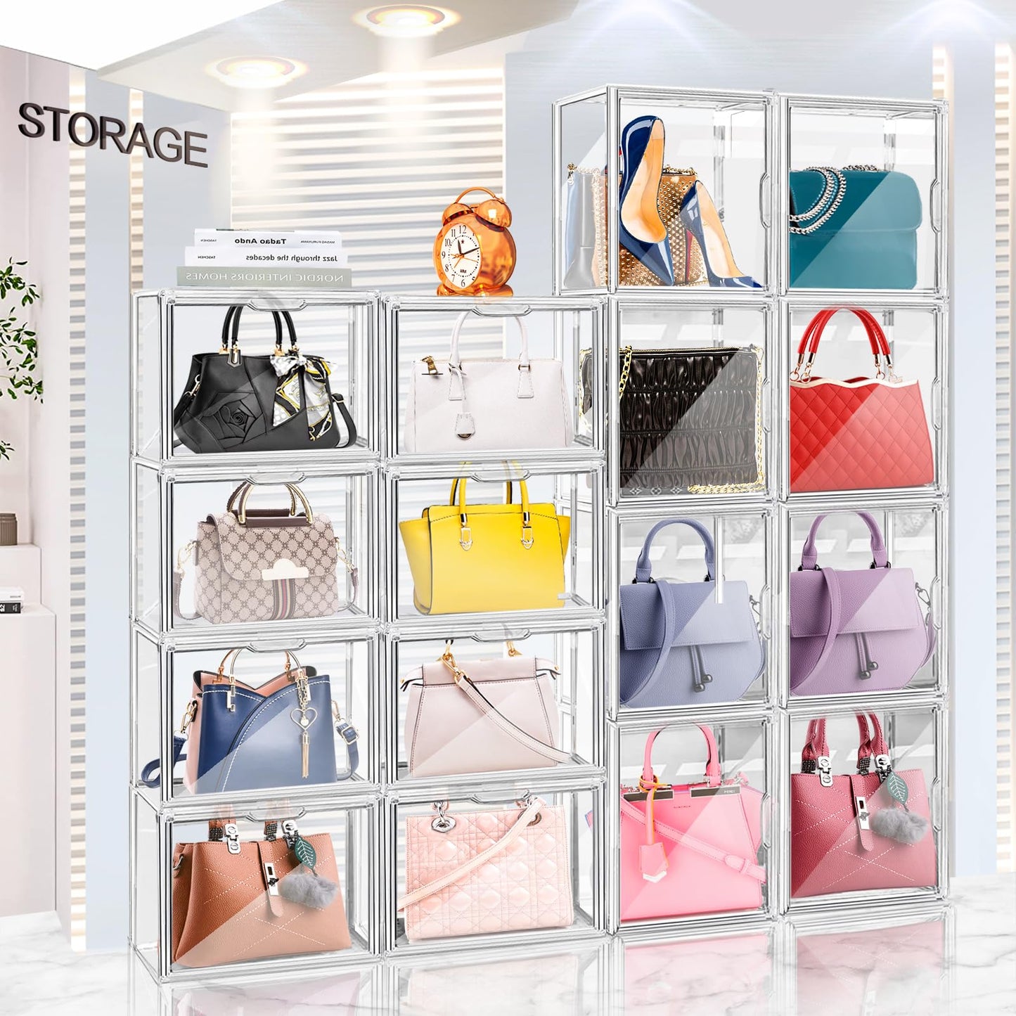 4 Packs Clear Plastic Handbag Storage Organizer for Closet, DILIBRA Acrylic Display Box for Handbag, Stackable Storage Boxes Bag Organizer with Magnetic Door for Small Purse Clutch Wallet Book Hats