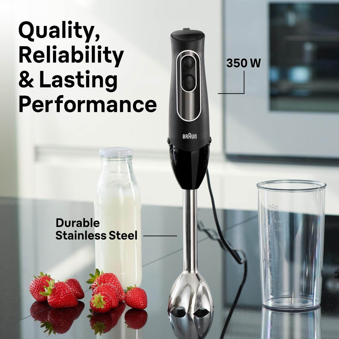 Braun MQ505 Portable Immersion Hand Blender, Powerful 350W Stick Blender, Dual Speed, Whisk, Beaker, Soup, Baby Food, Mixer, Hummus, Egg Beater, Smoothies
