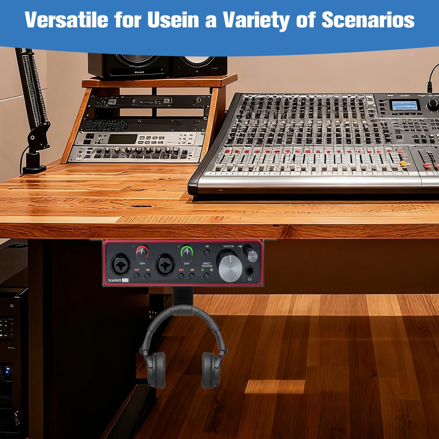 Metal Under Desk Mount for Focusrite Scarlett 2i2 3rd Gen with Adjustable Headphone Hanger Stand, Metal Under Desk Mount for Audio Interfaces and Studio Gear (Only for Focusrite Scarlett 2i2 3rd Gen)