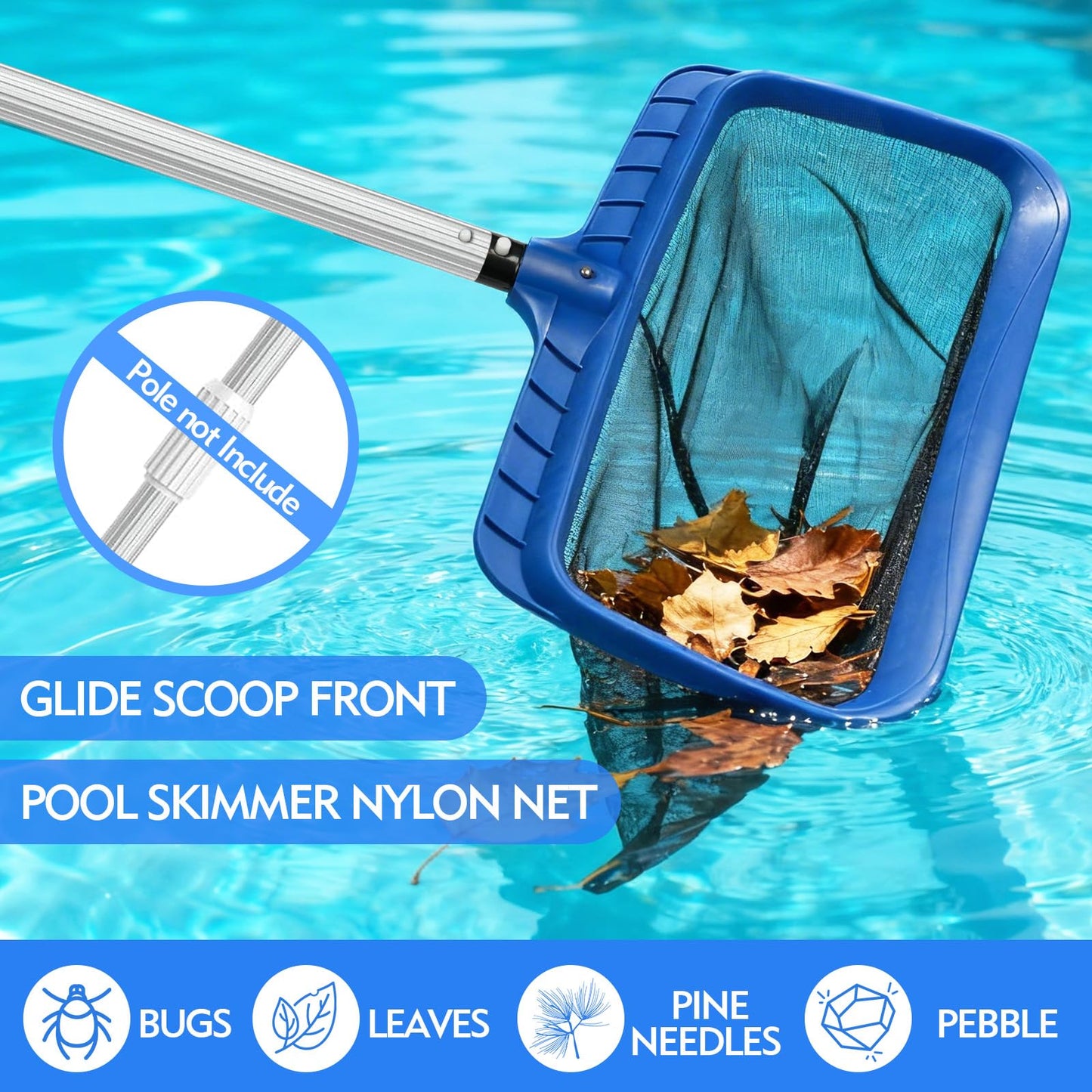 2 in 1 Cleaning Kit – 43cm Pool Skimmer Net with Deep Bag & 41cm Pool Brush Head for Cleaning, Heavy Duty Leaf Rake Skimmer Net for Removing Leaves & Debris, Fits Standard Pool Pole
