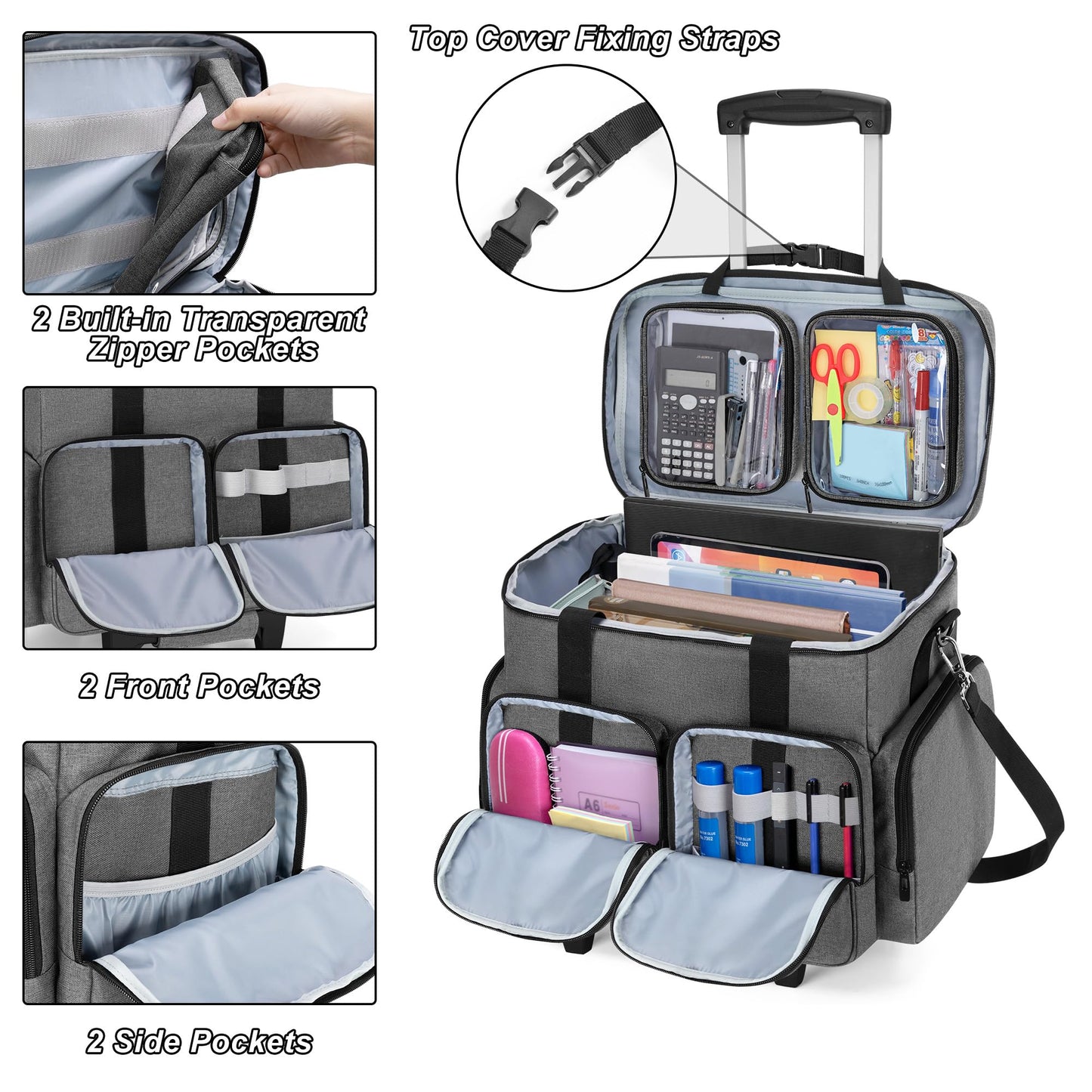 CURMIO Rolling Teacher Tote Bag with Padded Laptop Compartment for up to 15.6 Inches Laptop, Wheeled Teacher Bag for Teaching, Office, Craft or Tutoring Supplies, Gray