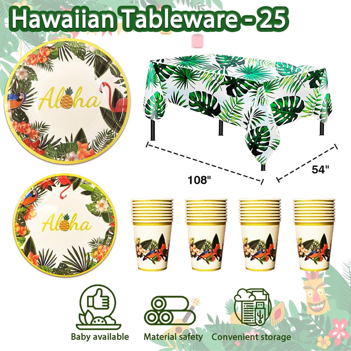 239 Pcs Luau Party Decorations, Hawaiian Party Decorations Kit For Adults - "ALOHA"&"HAPPY BIRTHDAY" Banner, Balloons, Cake Topper, Straws, Table Skirt, Dinnerware Set For 25 Guests