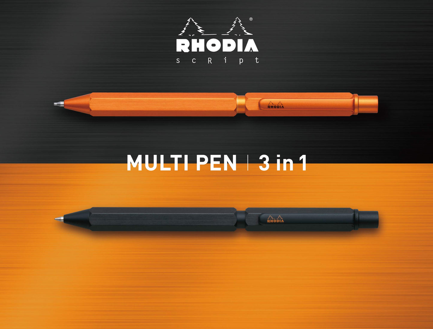 RHODIA 9340C - 3 in 1 scRipt Multipen 2 Ballpoint Pens 0.5 mm Black & Red + 1 Graphite Mechanical Pencil 0.5 mm - Hexagonal Body in Orange Brushed Aluminium - Refillable - Eraser Under the Push Button