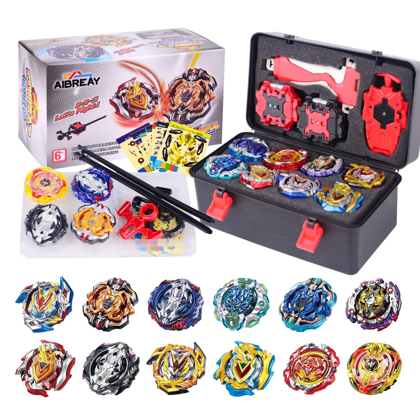 AIBREAY Battling Top Burst Gyro Toy Set 12 Spinning Tops 3 Launchers 1 Grip Toy Combat Battling Game with Portable Storage Box Gift for Kids Children Boys and Girl Ages 6+
