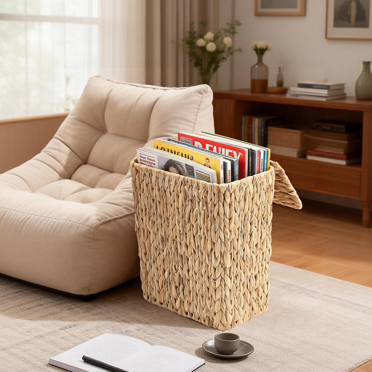 BSSN 4 Gallon Handwoven Rattan Trash Can with Lid for Bedroom, Living Room, Bathroom (Rectangular)